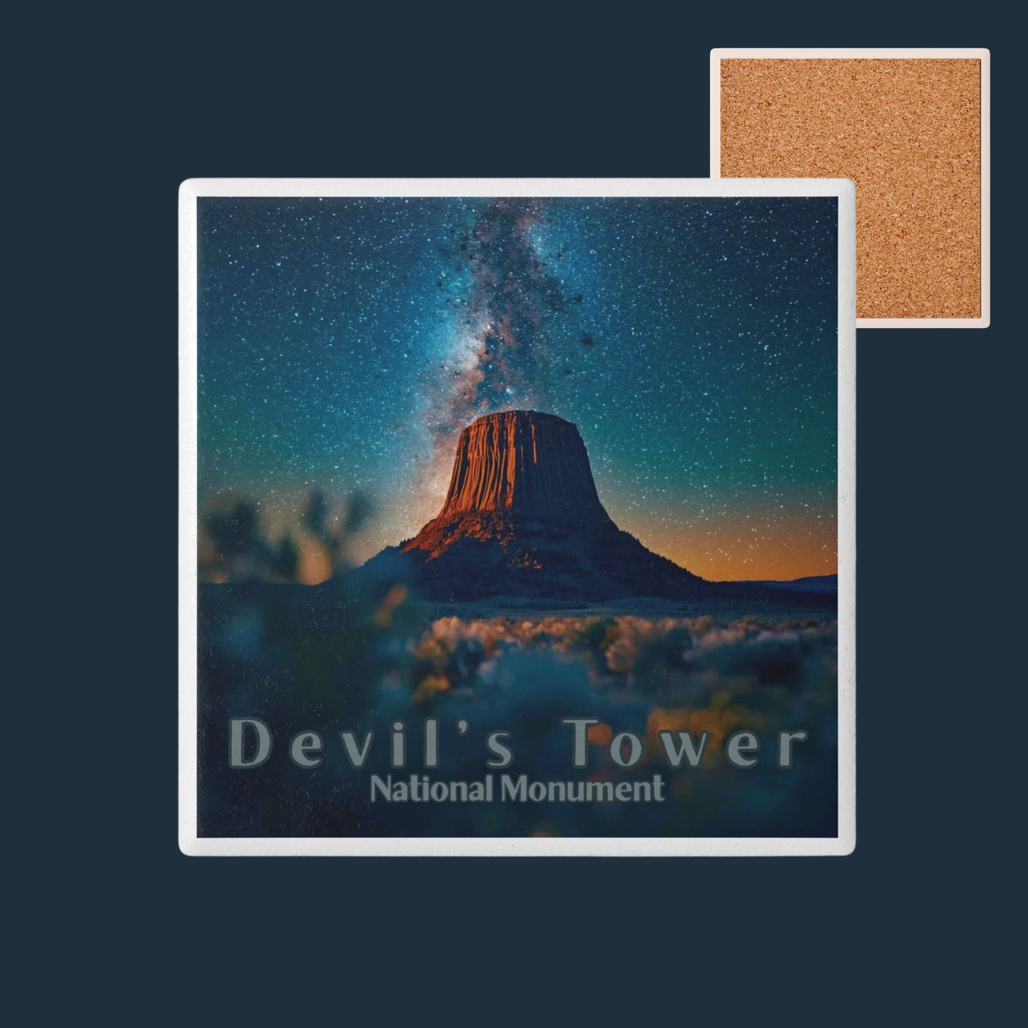 Ceramic coaster featuring design of Devils Tower, national monument and a starry sky on a blue background