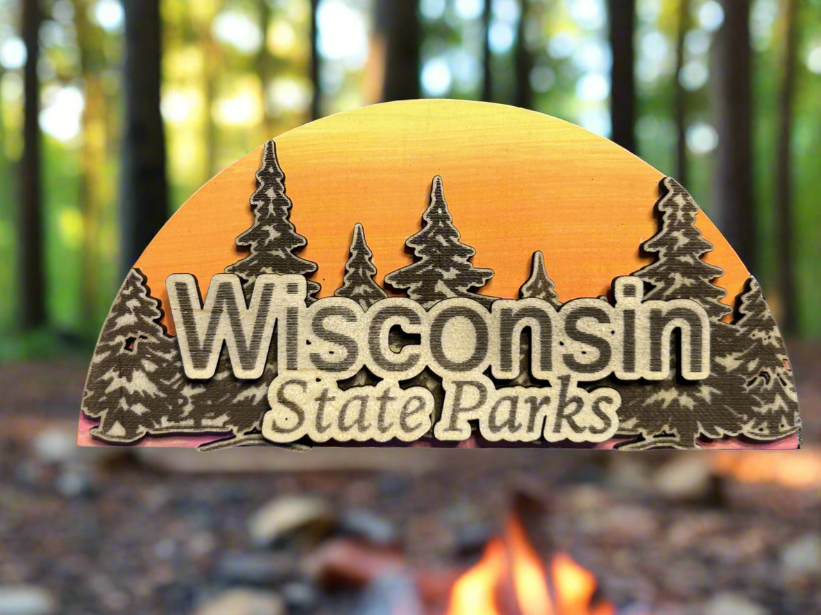 Wood magnet in half circle shape with sunset and forest scene with text "Wisconsin State Parks".