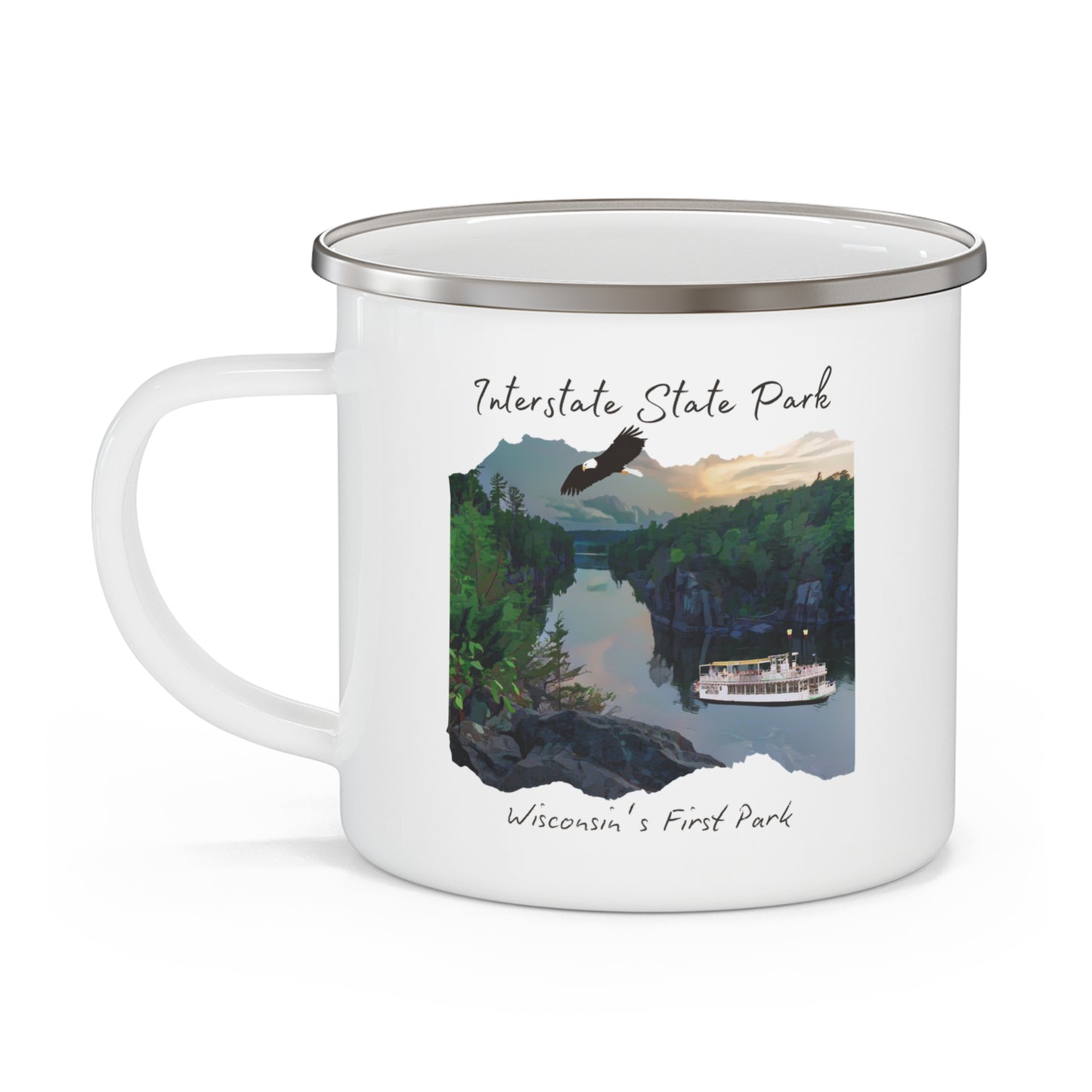 White enamel mug depicting the St Croix River at sunset with an eagle flying above and a paddle wheel boat on the river.