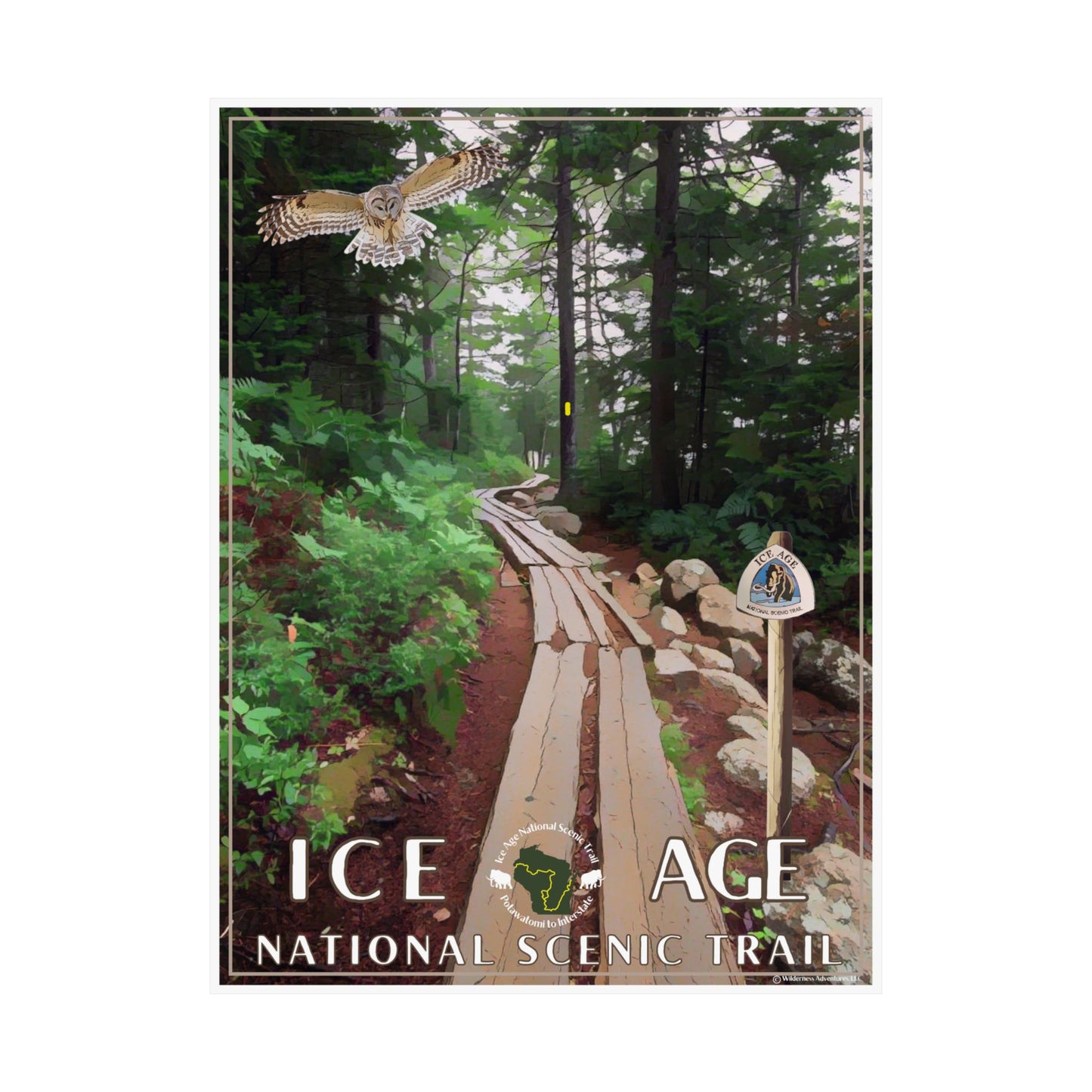 Poster of Ice Age National Scenic Trail with a forest path and owl illustration.
