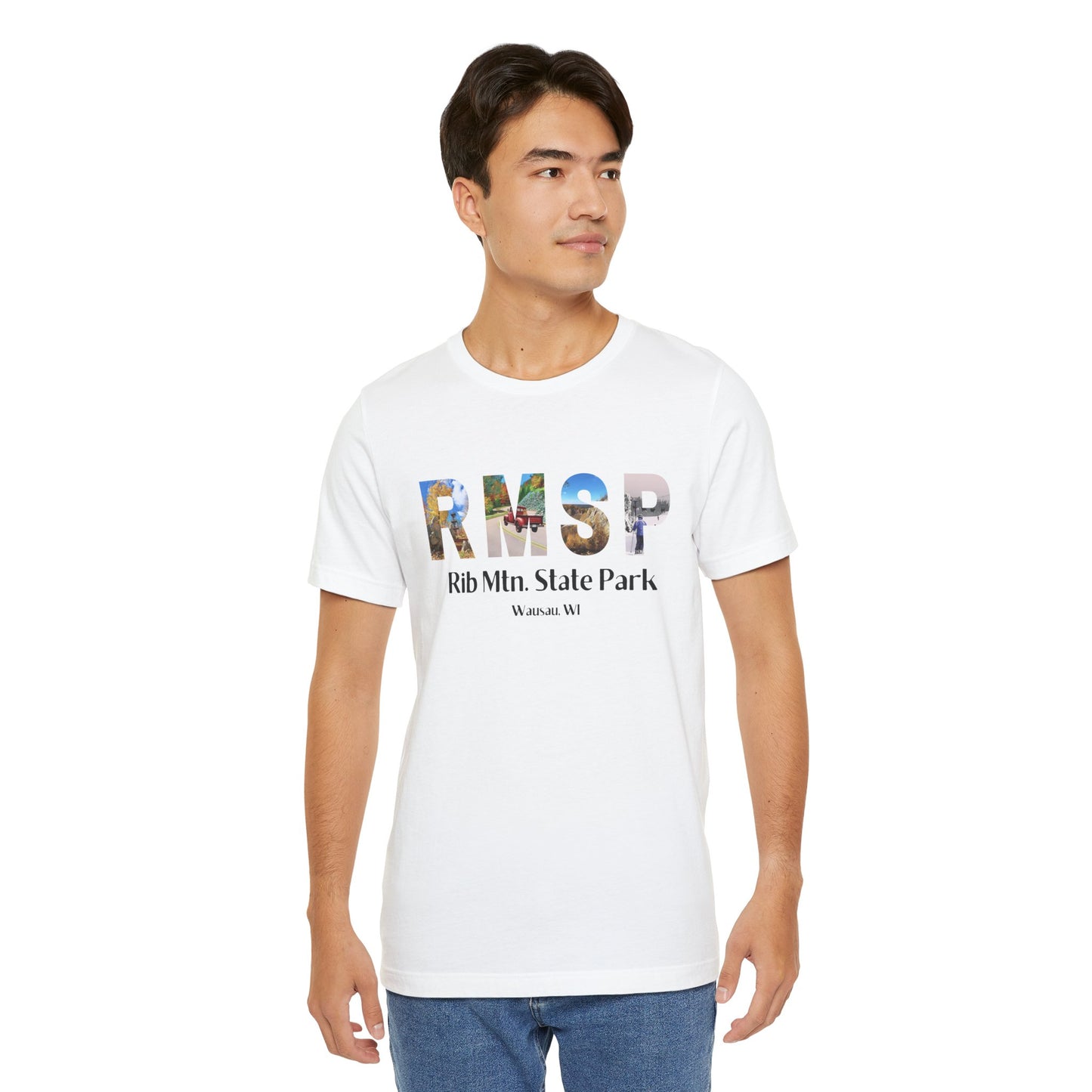 Male model wearing a white RMSP shirt depicting the letters RMSP, each with a different park scene.
