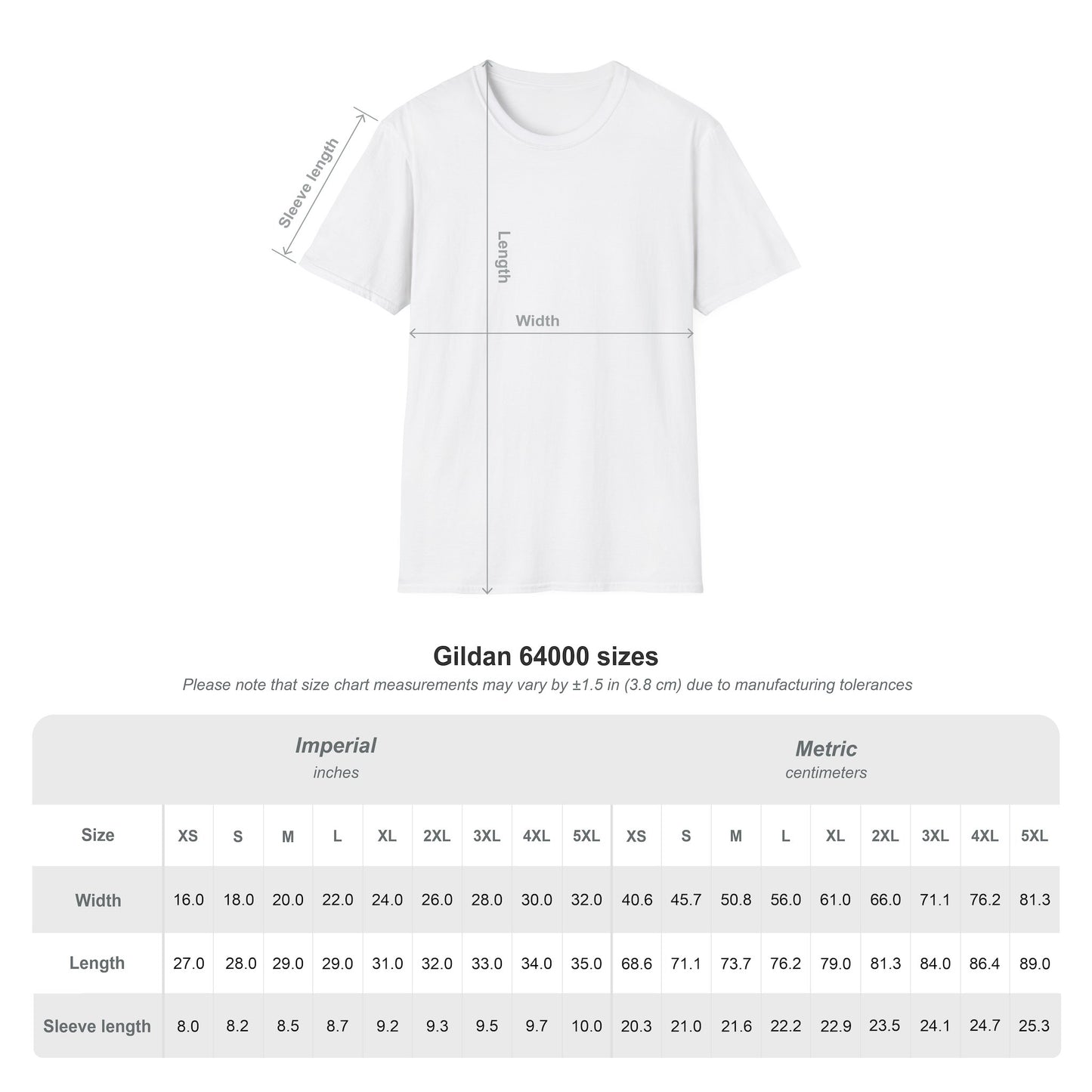 T-shirt size guide featuring measurements of the shirt for various sizes.