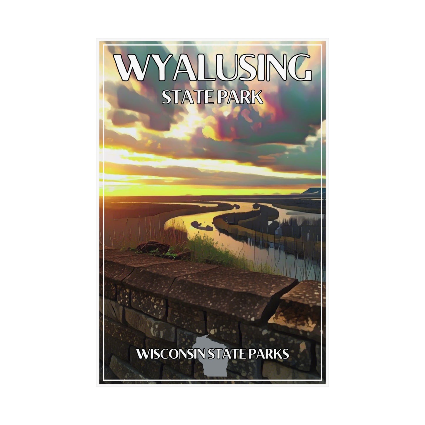 12x18” Retro CCC inspired poster depicting a scenic sunset over the confluence of rivers from a bluff-top view.