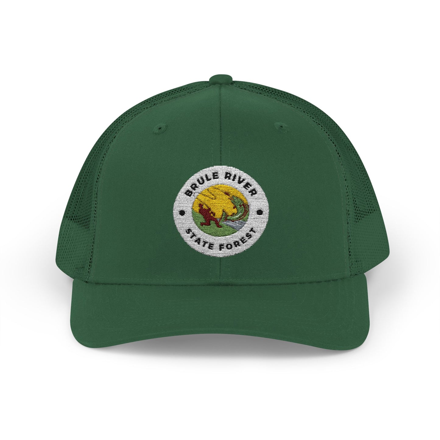 Evergreen Colored ball cap with embroidered logo of an angler catching a fish and the text Brule River State Forest.