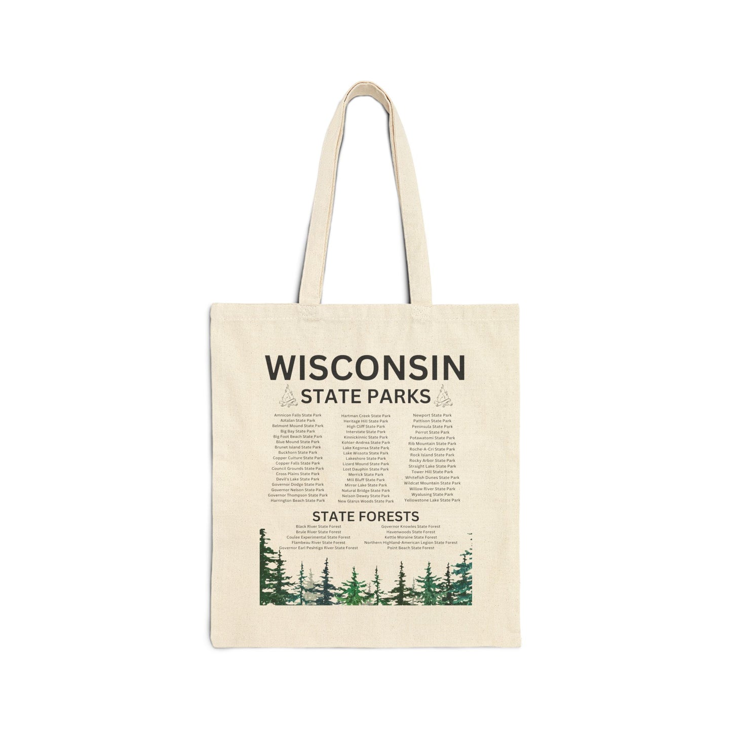 Tote Bag featuring list of Wisconsin’s State Parks and Forests.