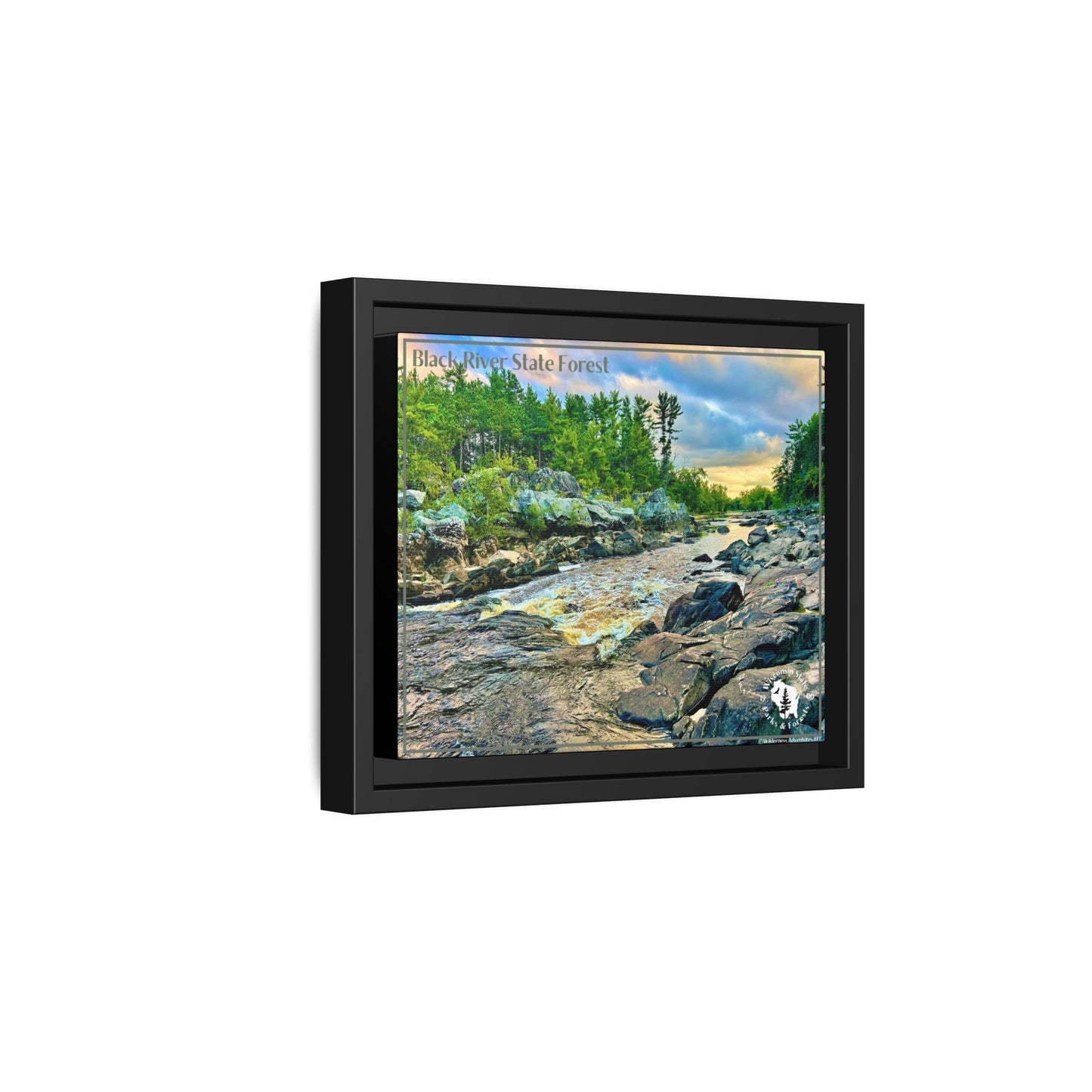 Framed canvas print of the Black River and rapids at sunset. Side view.