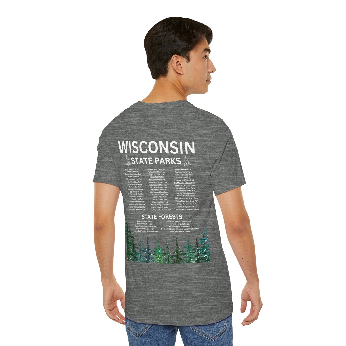 Heather shirt with listing of state parks.