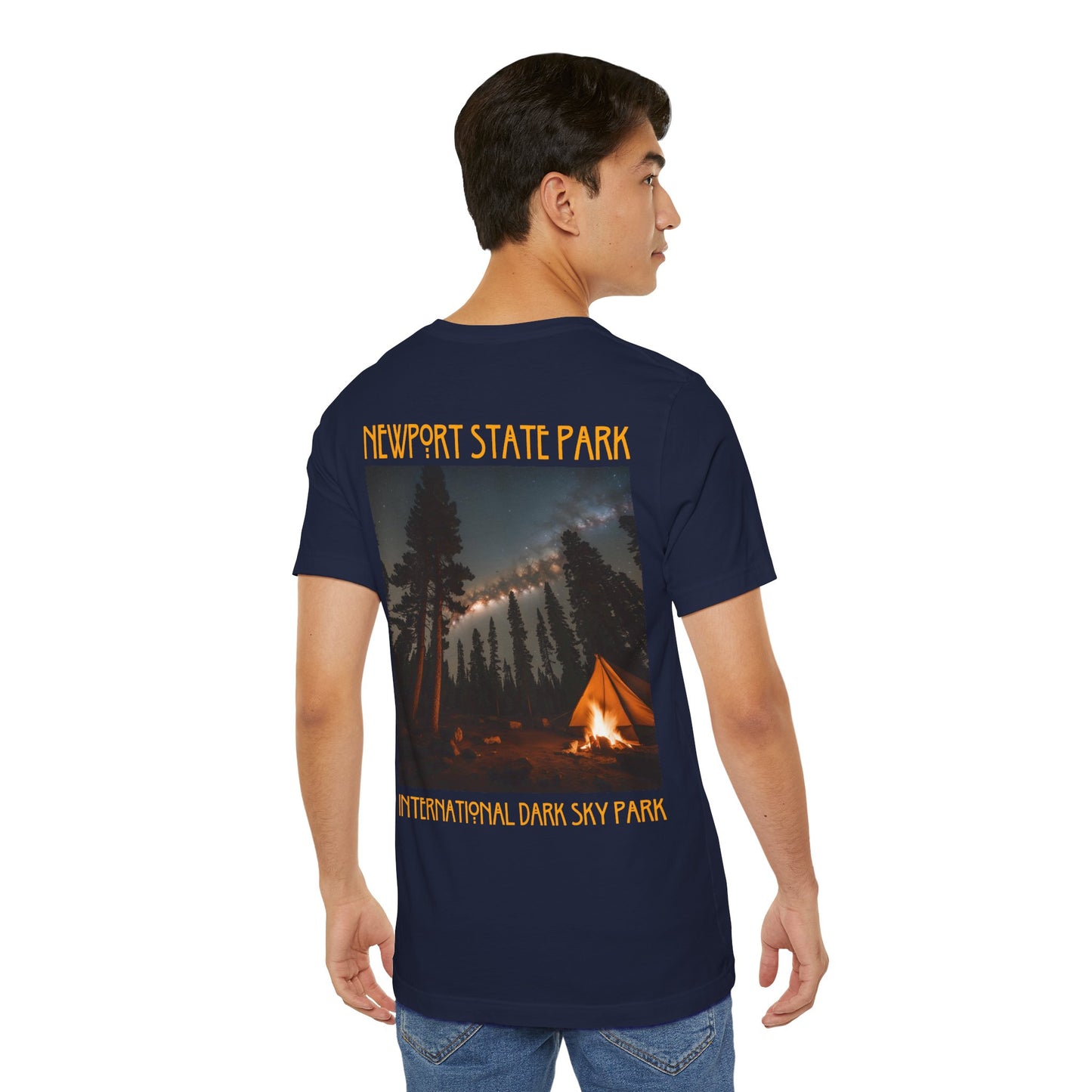 Male model wearing navy Newport shirt, showing back design.