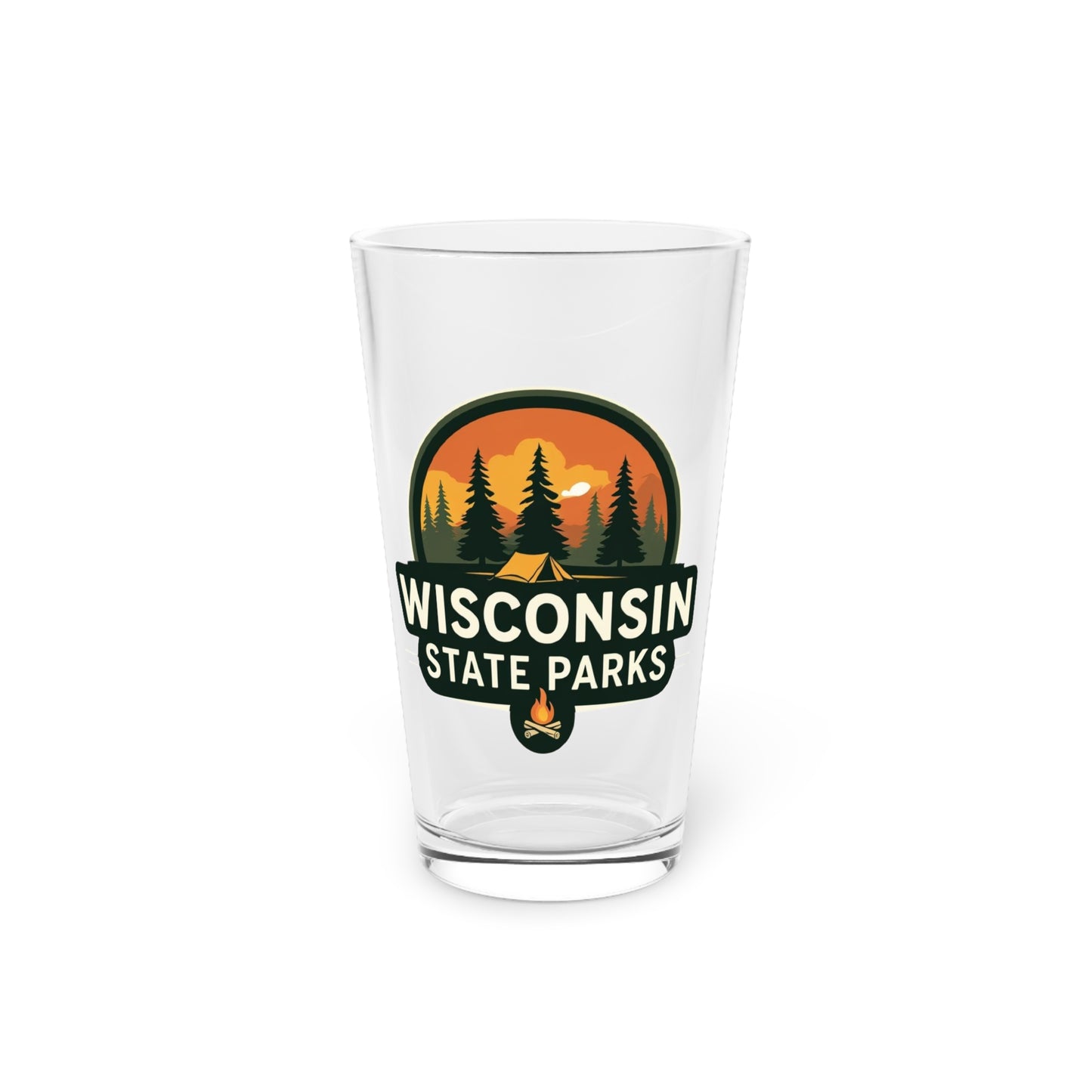 16 oz glass pint featuring a colorful design of a sunset over a campsite surrounded by pine trees and the text Wisconsin State parks.
