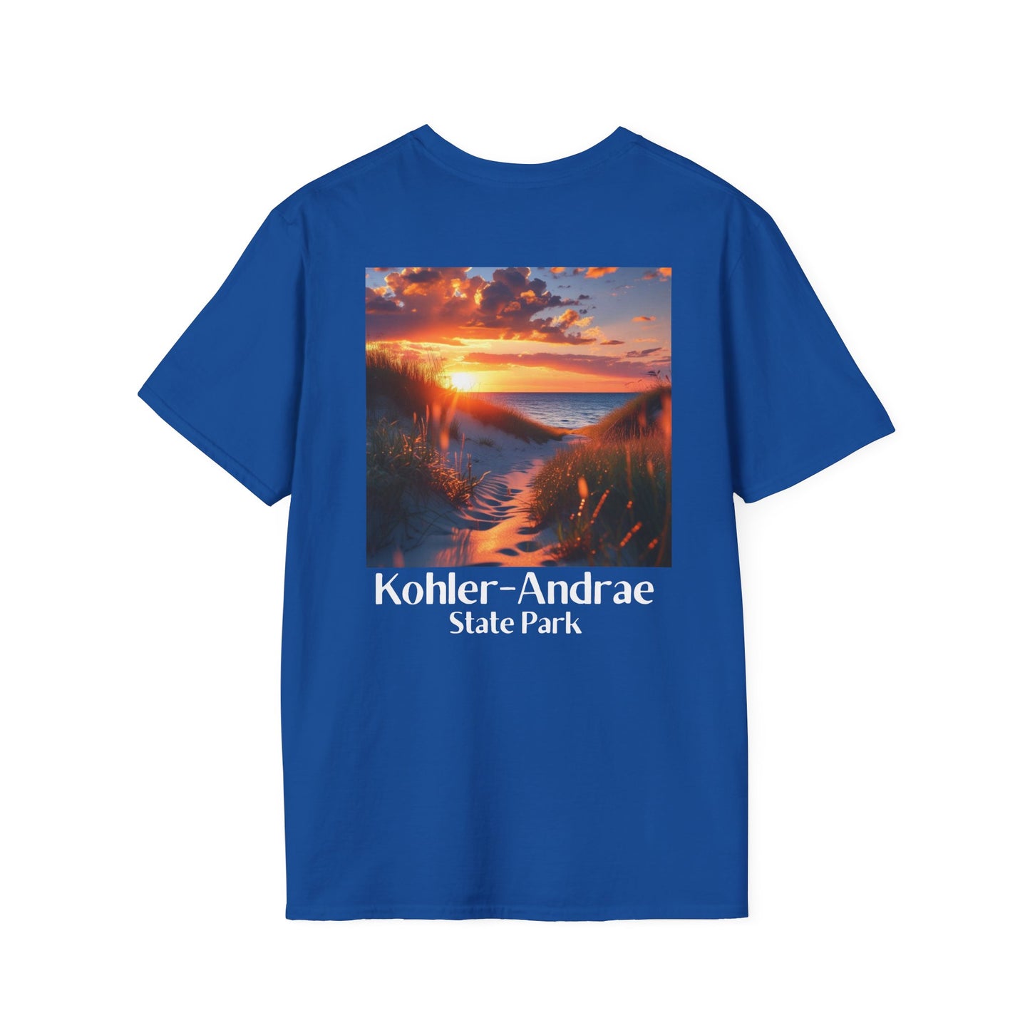 Royal T-shirt featuring a back design of looking through the sand dunes at a colorful sunrise over Lake Michigan and the text: Kohler-Andrae State Park.