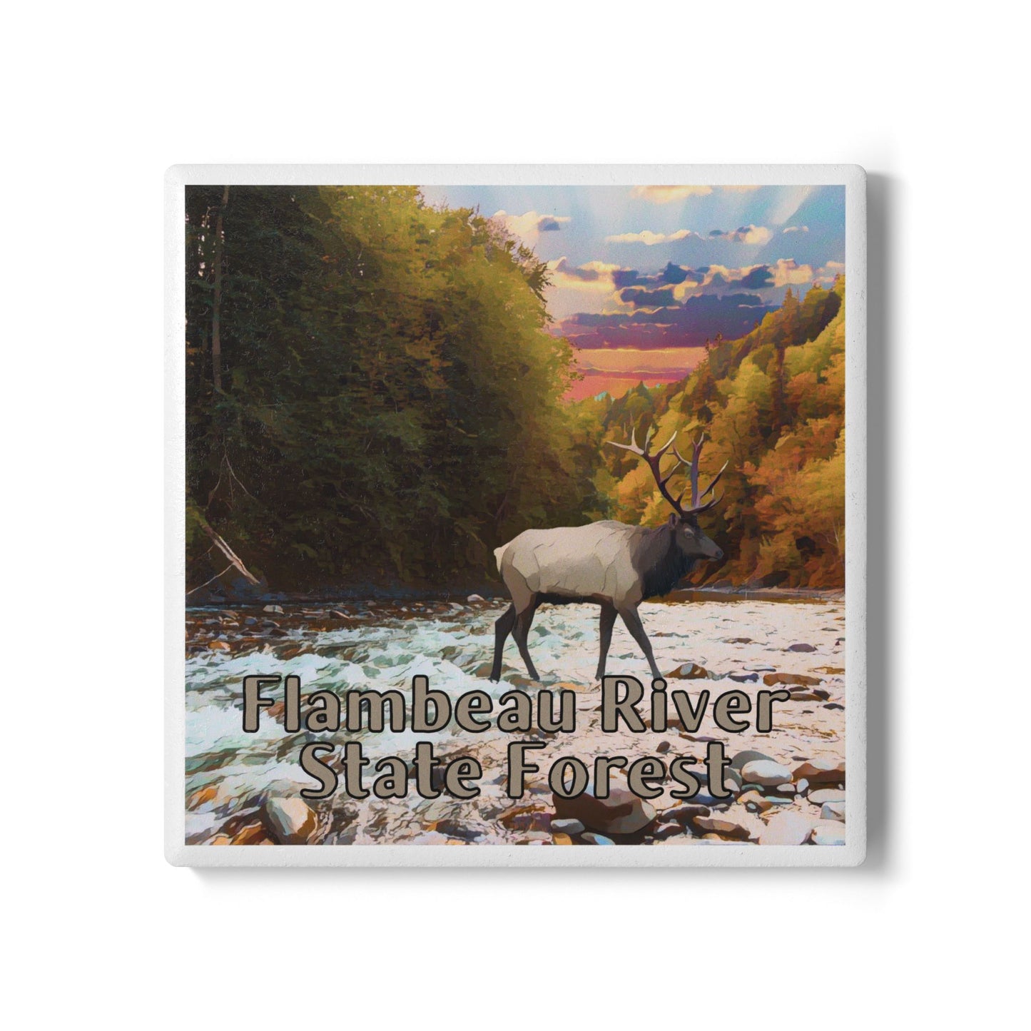 Coaster depicting an elk crossing a river at sunset.