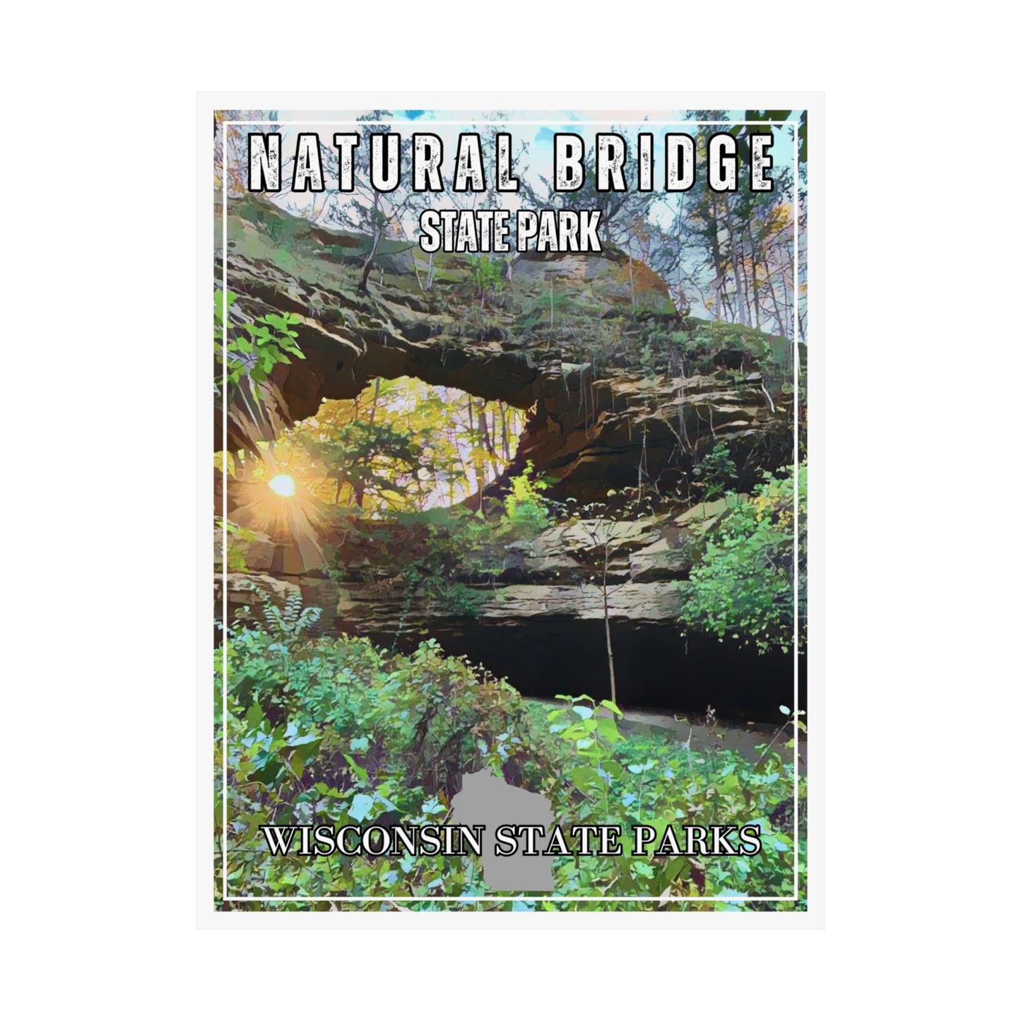 CCC inspired poster depicting a stone arch with the sun shining through the arch.