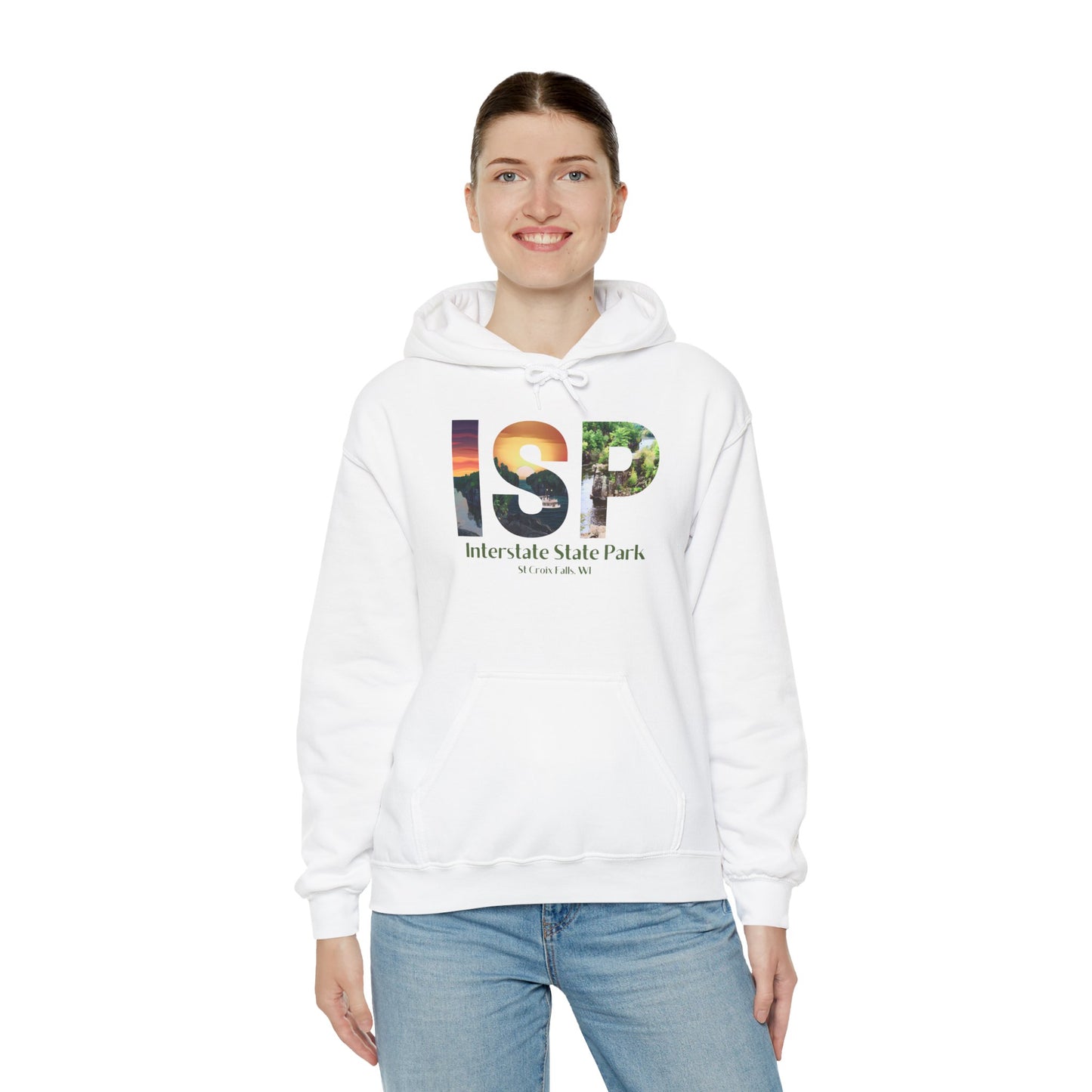 Female wearing a white colored hoodie featuring a ISP logo design with artistic prints and the text: Interstate State Park - St Croix Falls, WI”.