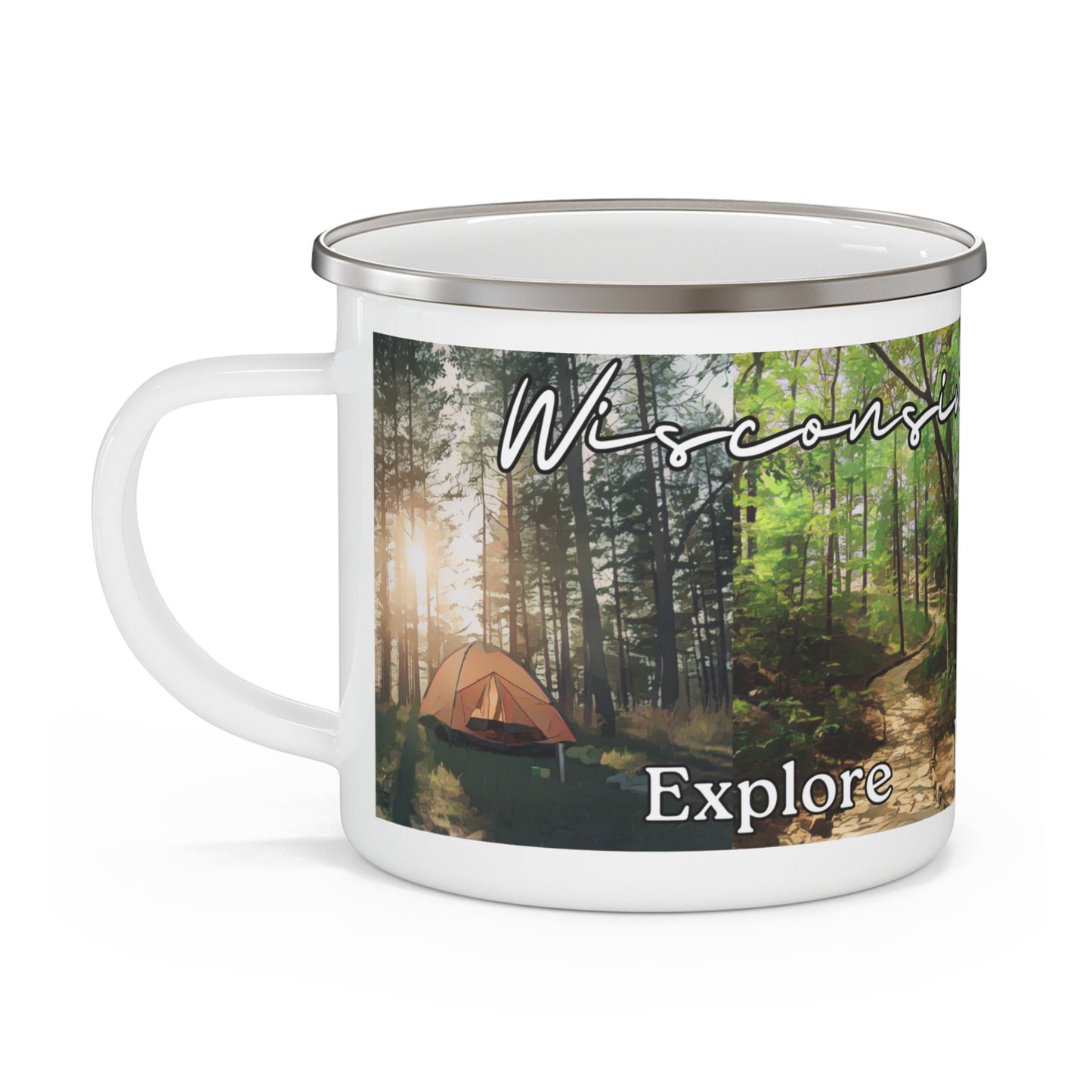 White enamel camper mug depicting camping, hiking, cross country skiing and waterfall scenes and the text “Wisconsin State Parks explore, relax, enjoy.”