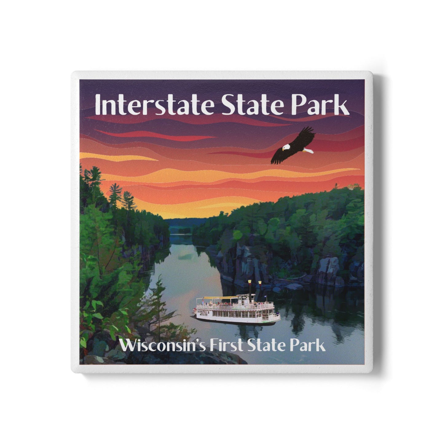 Ceramic coaster featuring a beautiful sunset over the St Croix with the text Interstate State Park.