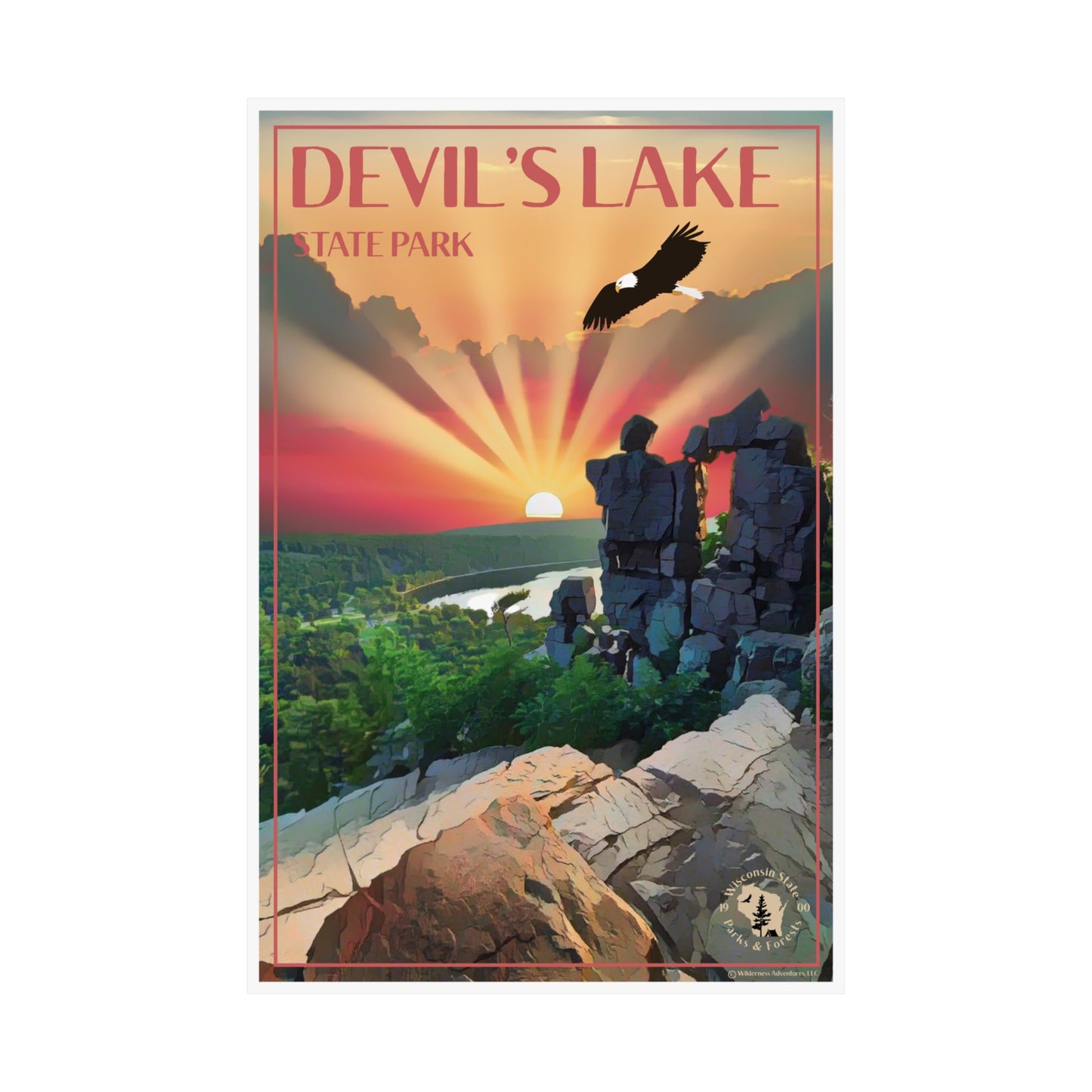 12x18” Poster featuring a majestic sunset over Devil’s Lake and Devil’s Doorway with an eagle flying above.