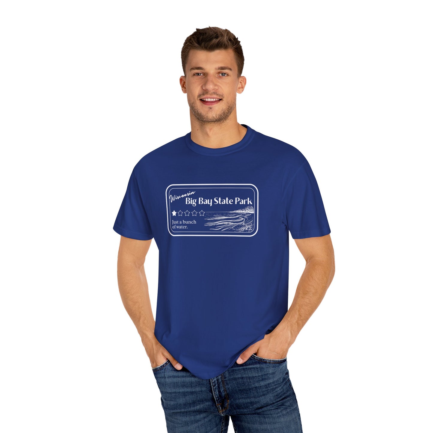 Male model wearing a Navy Colored T-Shirt with 1 star review design of Big Bay State Park. Features a line art image of a sandy beach and shoreline, 1 star graphic, and the text: “Wisconsin Big Bay State Park, Just a bunch of water.