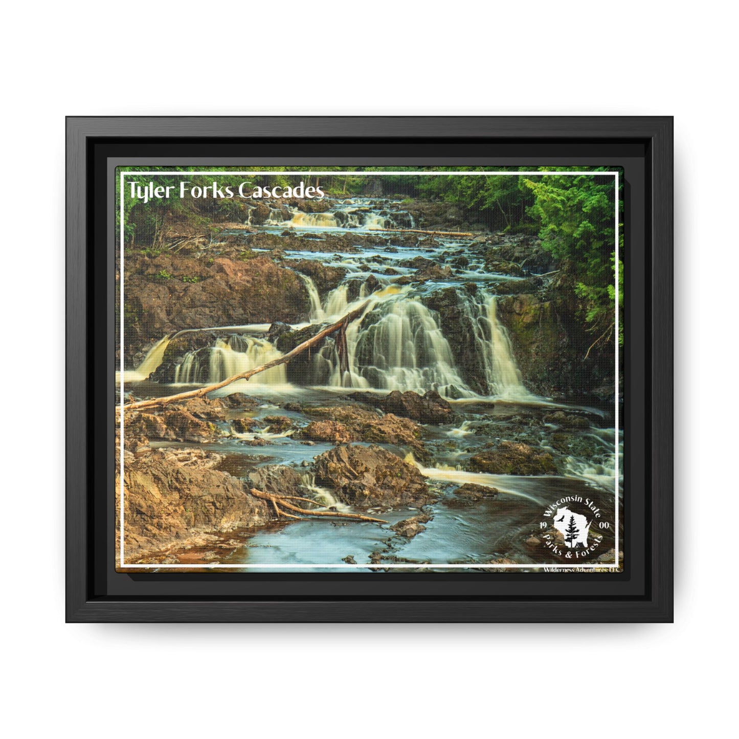 Framed canvas wall art of Tyler Forks Cascades in a black dimensional frame.