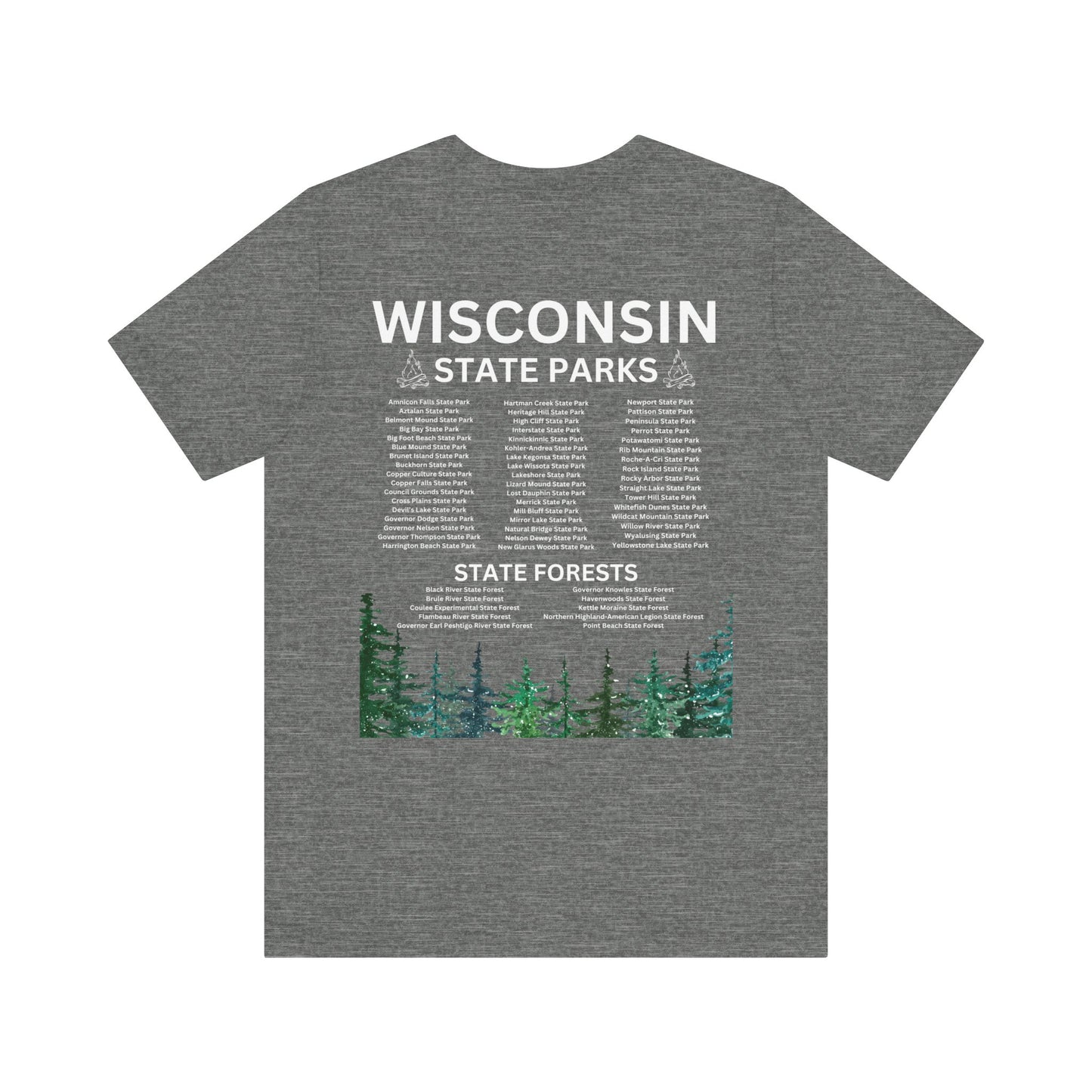 Heather shirt with listing of state parks.