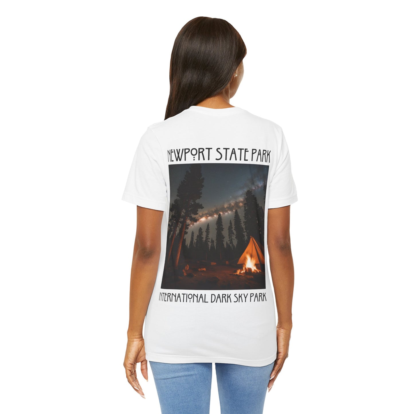 Female model wearing white Newport shirt, showing back design.