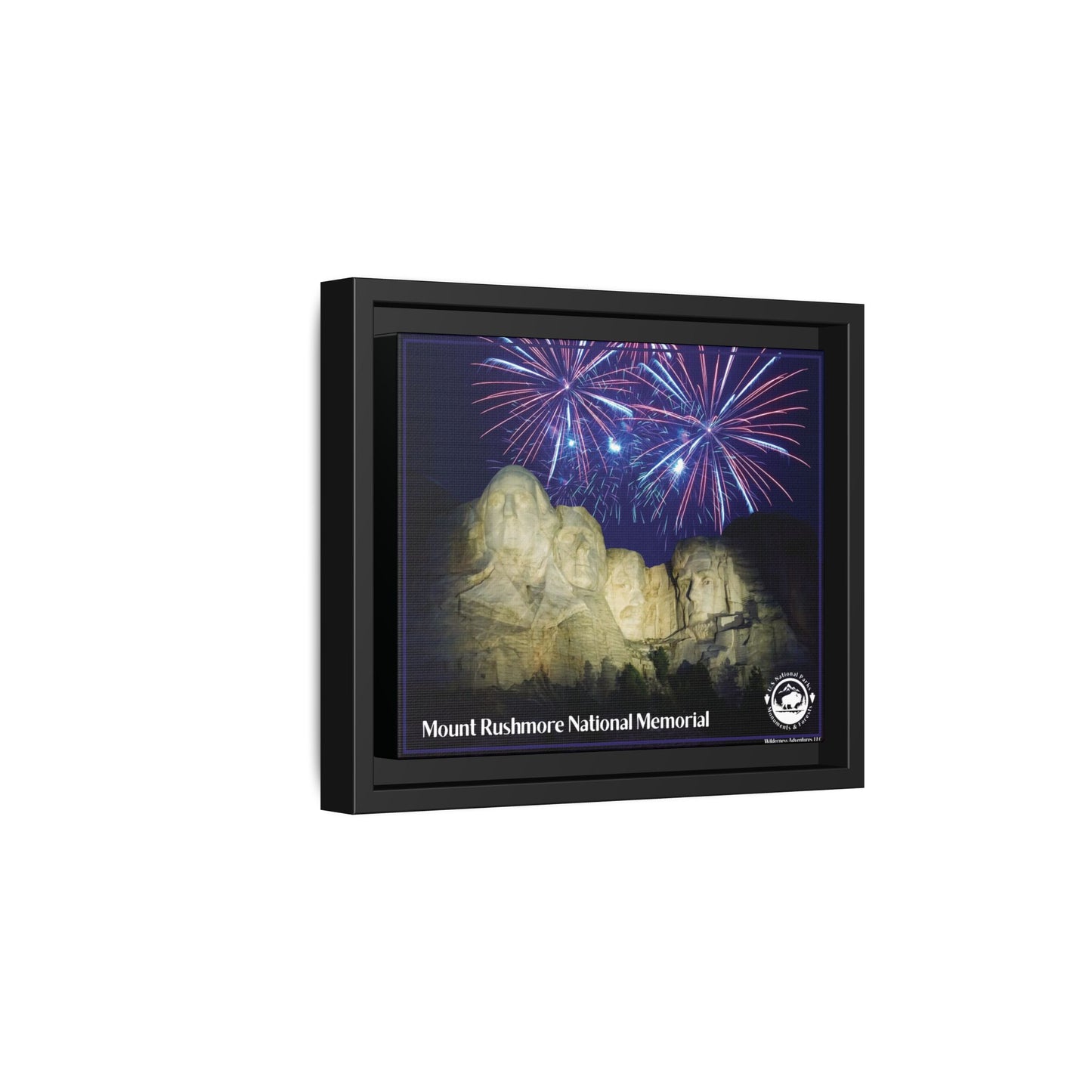 Side profile of Black Framed canvas print featuring Mount Rushmore at night with a patriotic fireworks display in the background.