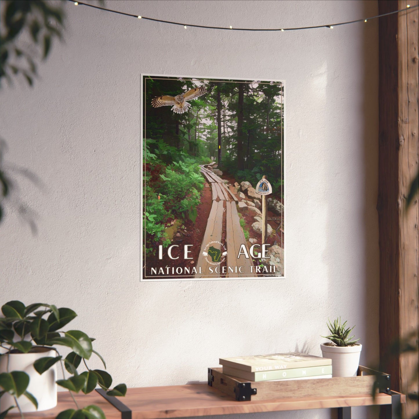 Poster of Ice Age National Scenic Trail on a wall with plants and books below.