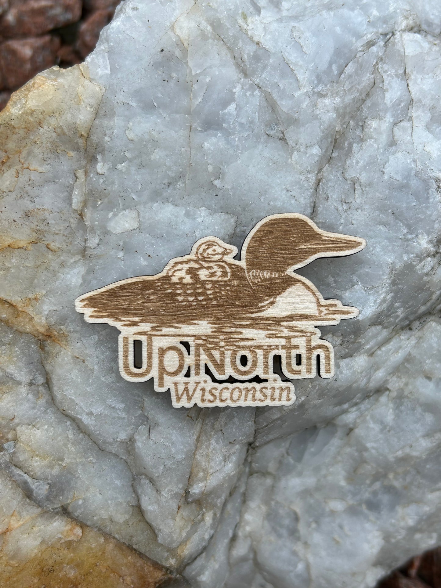 Loon shaped wood magnet with baby loon and the text "up North Wisconsin".