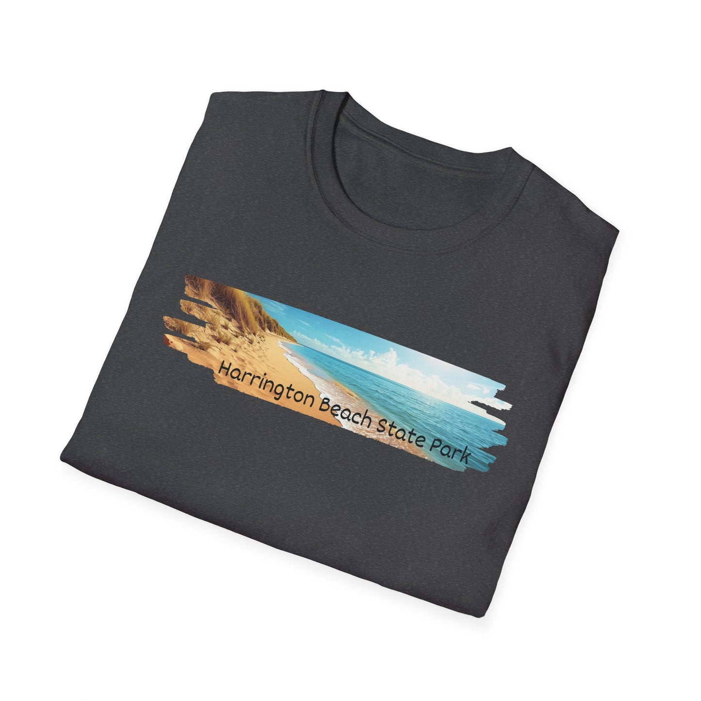 Folded dark Heather t-shirt with Harrington Beach State Park graphic on a white background