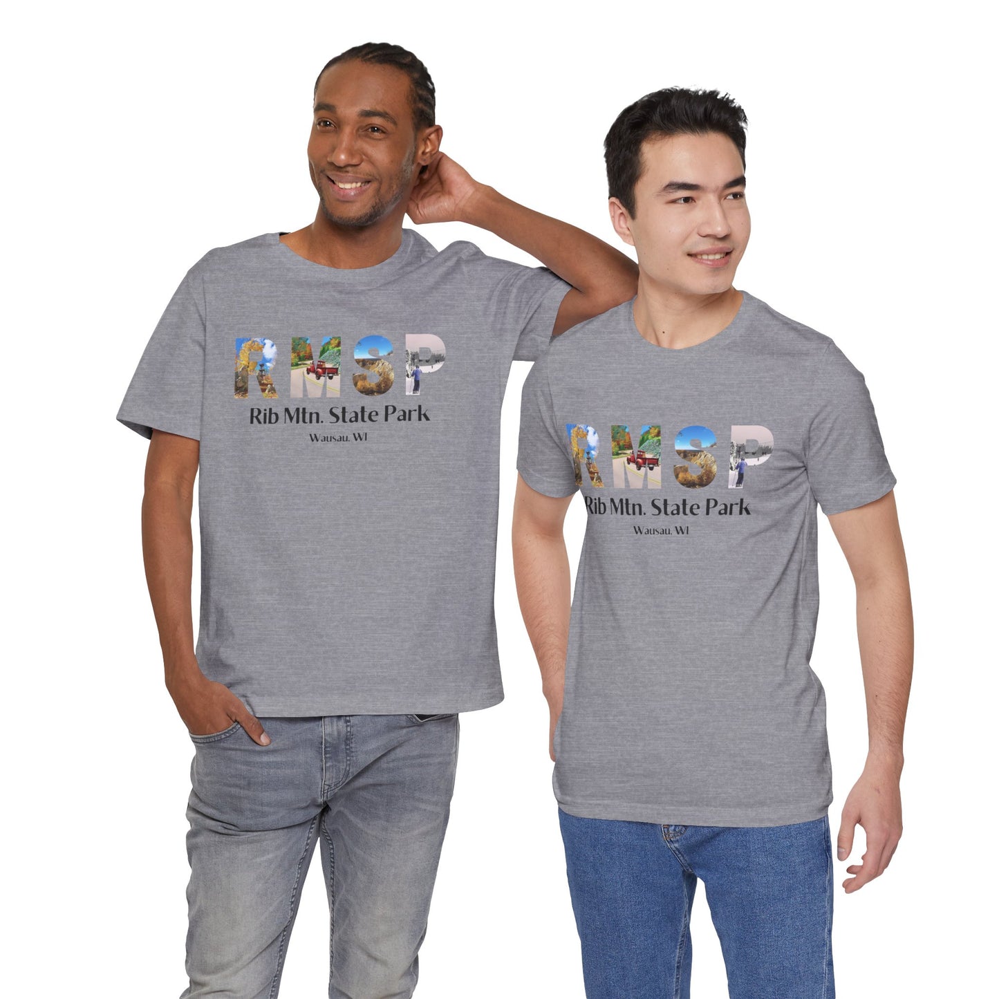 Two Male models wearing Heather storm colored RMSP shirts depicting the letters RMSP, each with a different park scene.