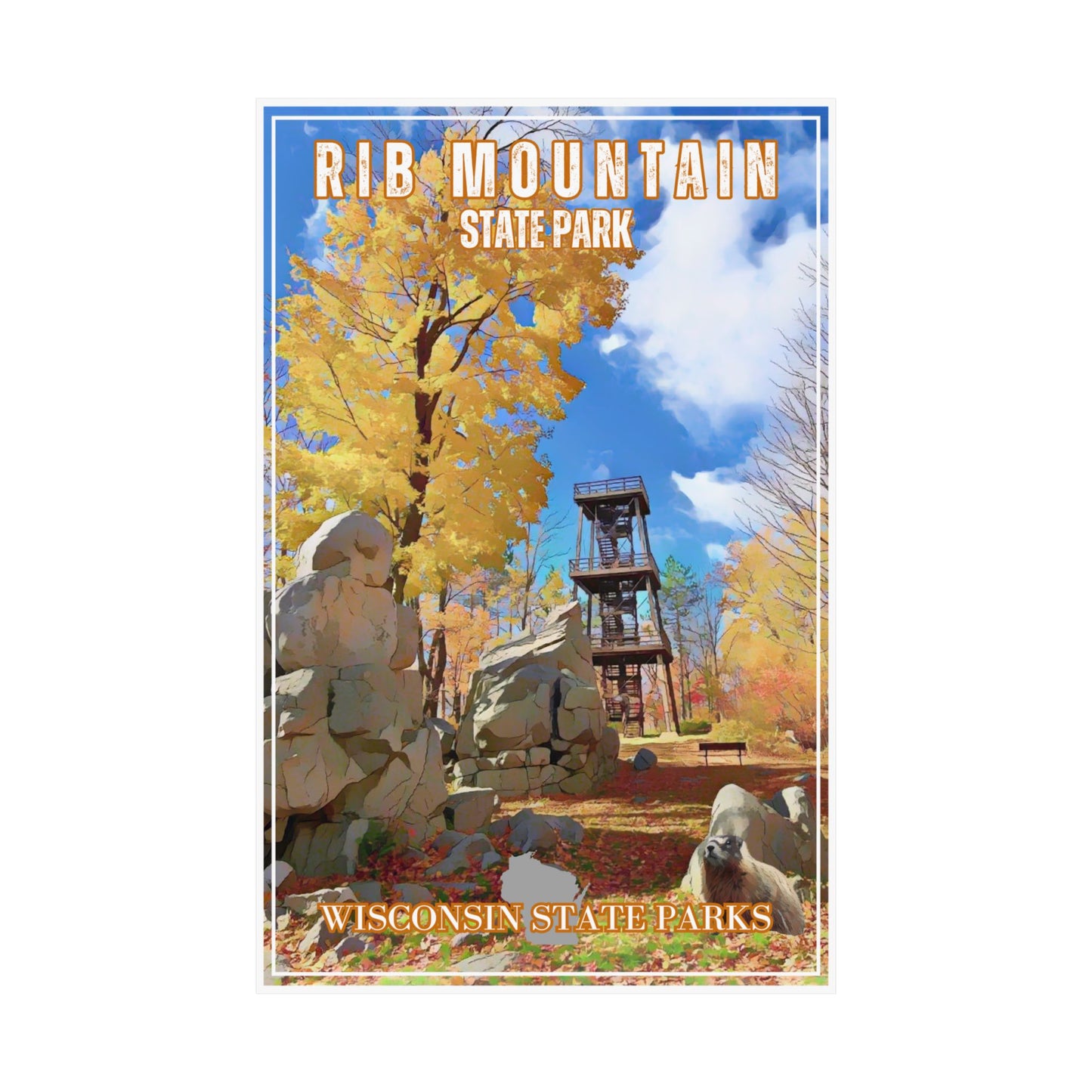 11x17 Rib Mountain State Park Retro poster depicting the observation tower and fall leaf color.