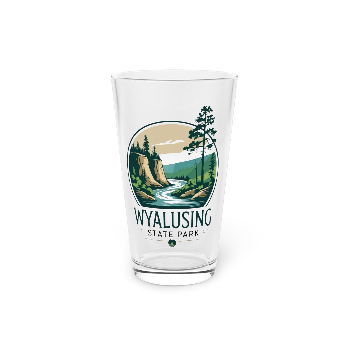 Glass pint glass featuring a design of a winding river below a bluff.