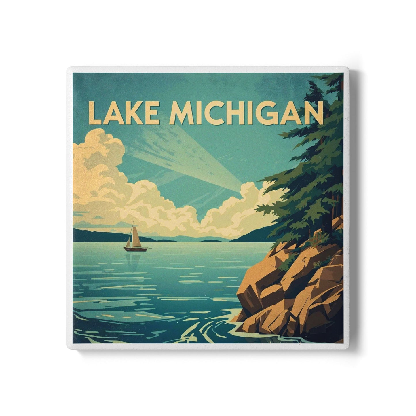 Ceramic coaster design featuring a rocky shoreline with trees and a vast lake with a sail boat, blue sky with white clouds and the text Lake Michigan.
