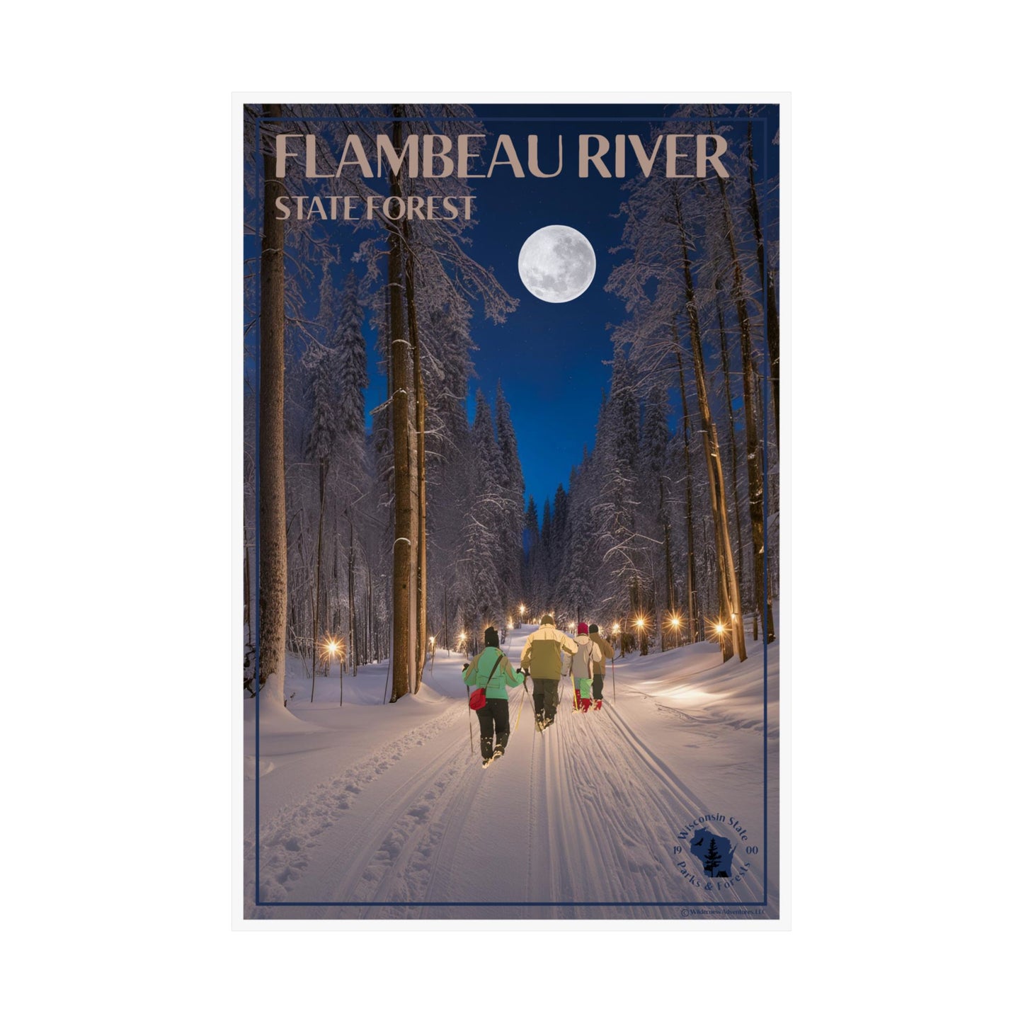 Winter scene in Flambeau River State Forest with people walking on a snow-covered path under a full moon.