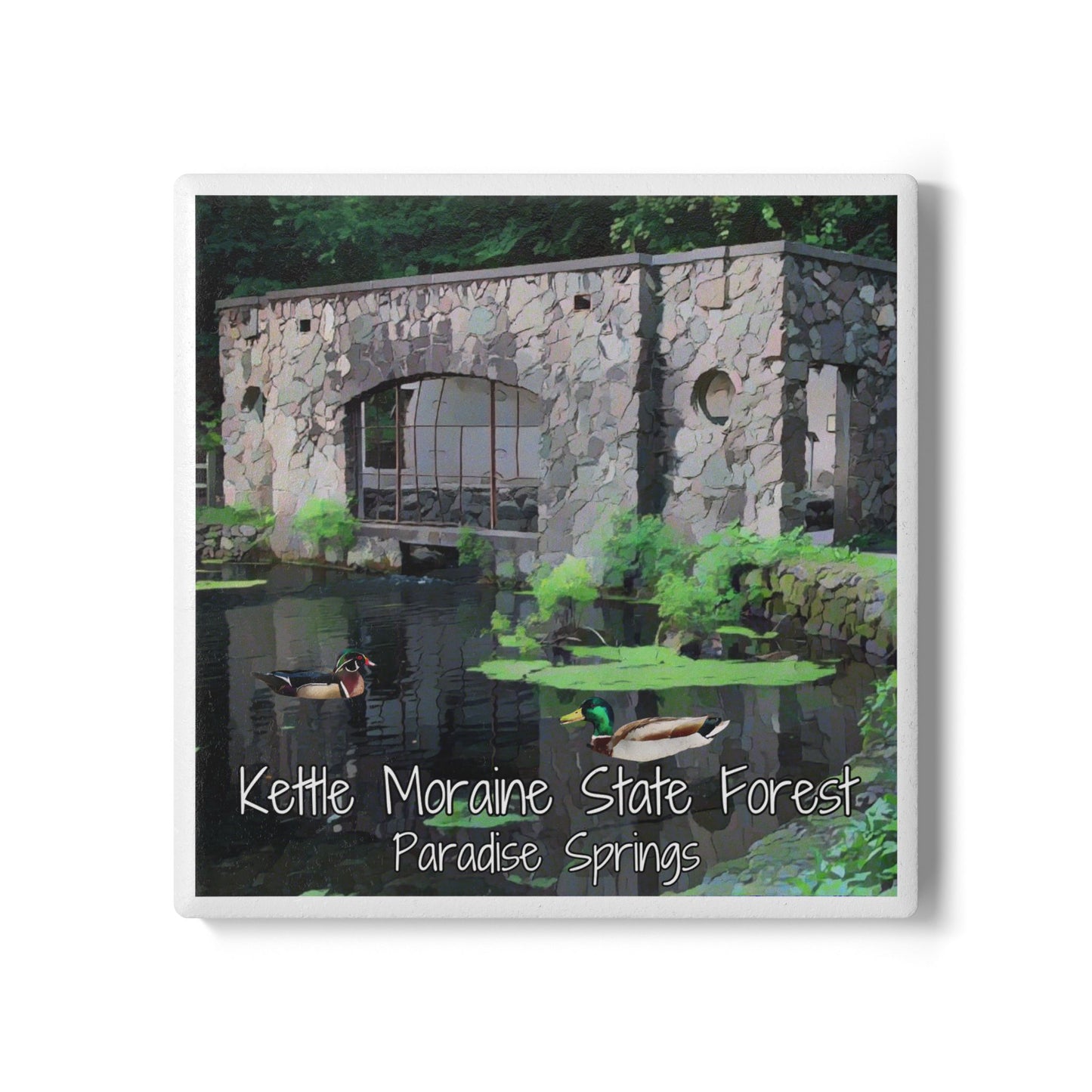 Ceramic Coaster featuring the stone spring house at Paradise Springs. Features the text “Kettle Moraine State Forest Paradise Springs.”
