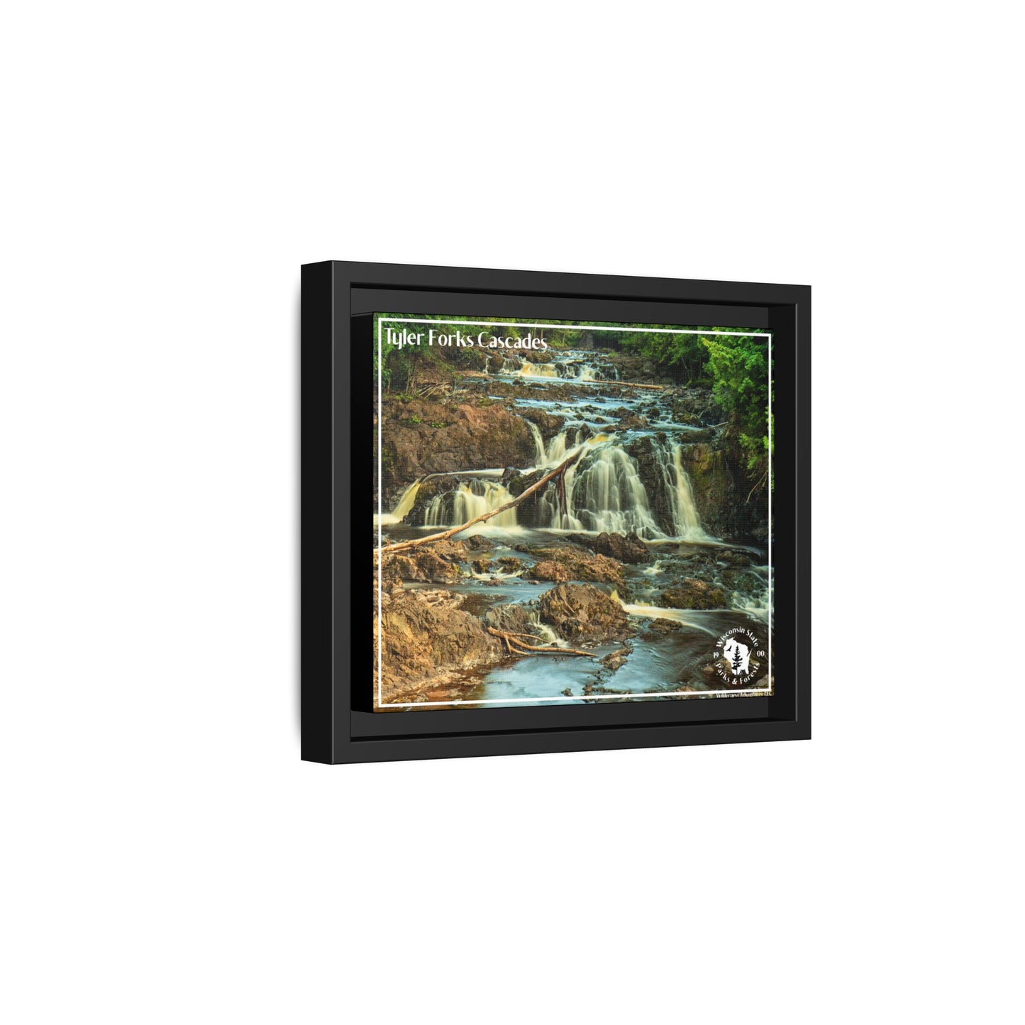 Framed canvas wall art of Tyler Forks Cascades in a black dimensional frame.