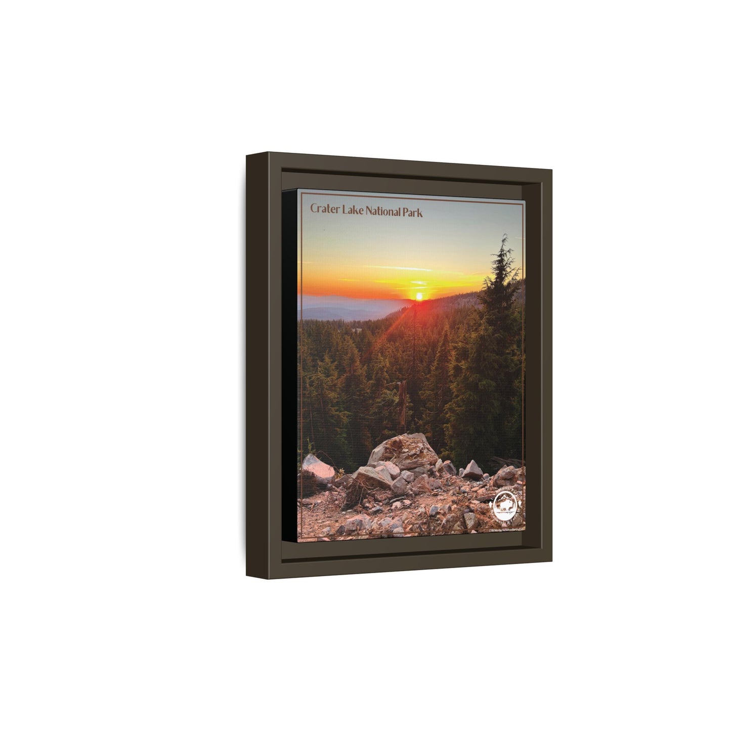 Side profile of an espresso framed canvas print depicting a Majestic sunset over forested mountains at Crater Lake National Park.