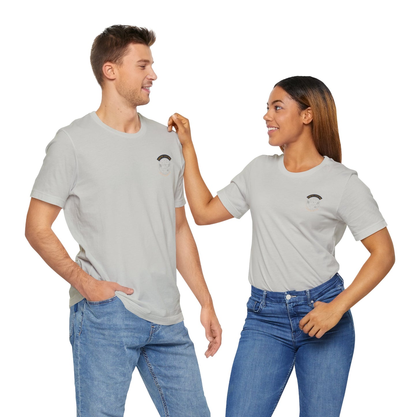 Male and female model showing front design of Newport T-shirt.