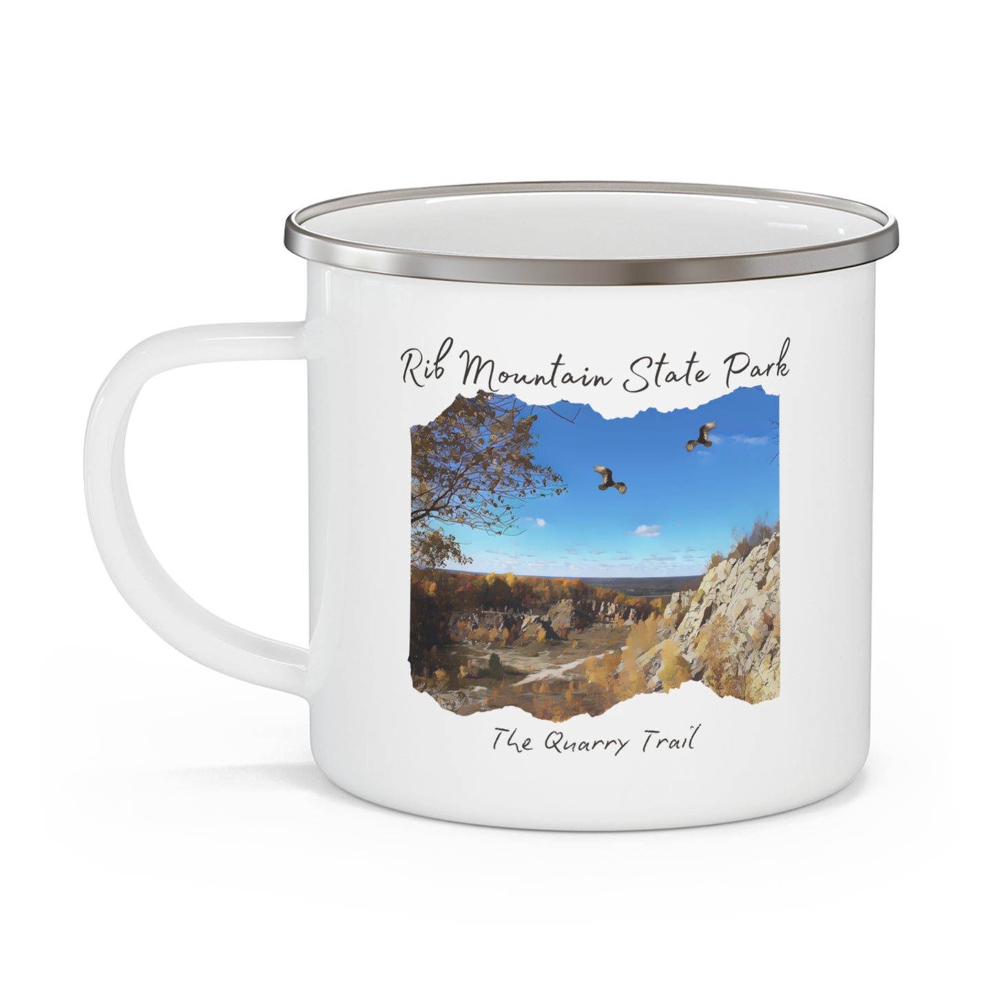 White enamel camper mug with a quarry scene printed on it with the text: Rib Mountain State Park, The Quarry Trail.