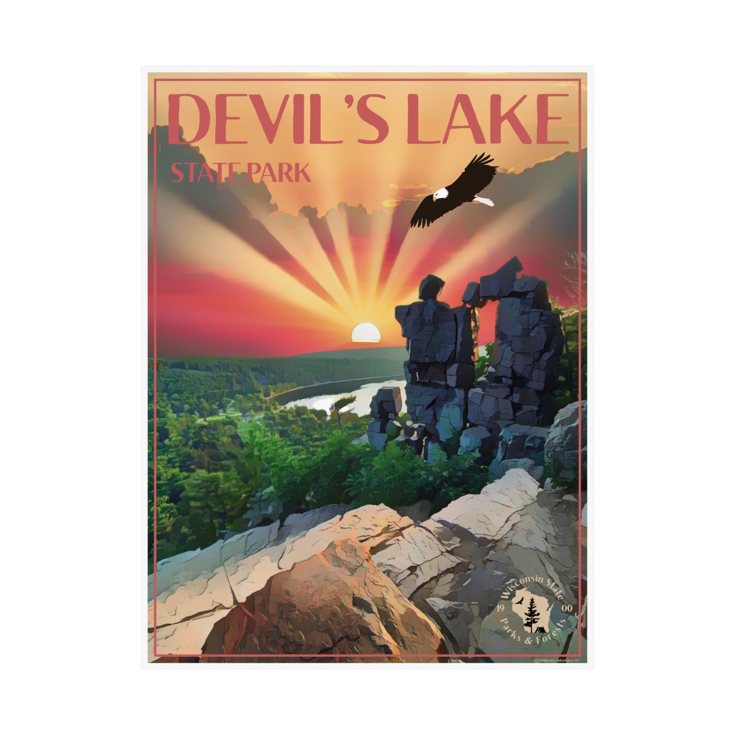 18x24” Poster featuring a majestic sunset over Devil’s Lake and Devil’s Doorway with an eagle flying above.