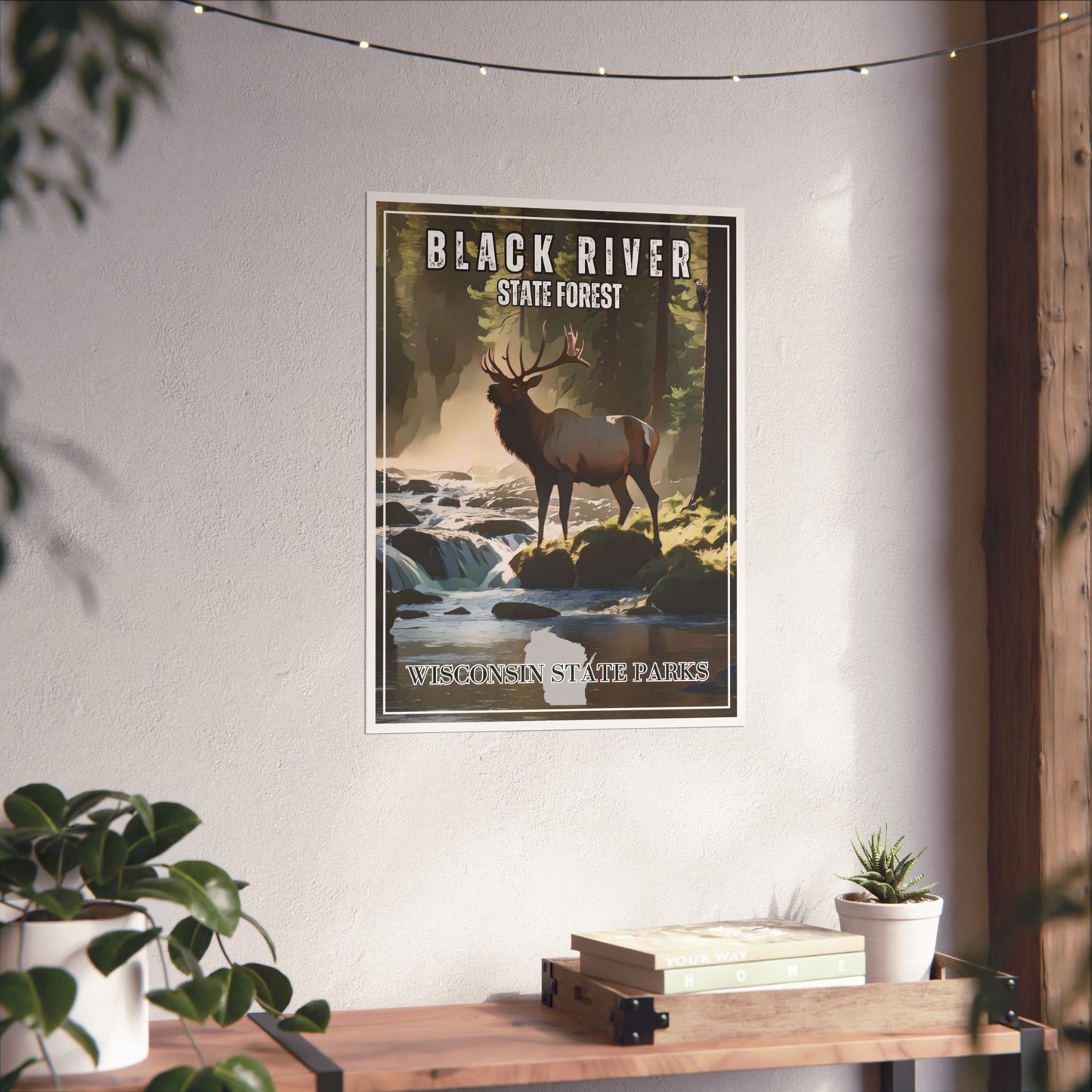 CCC style poster depicting an elk standing in a stream in a forest. Background is poster hunt on a wall above a shelf.