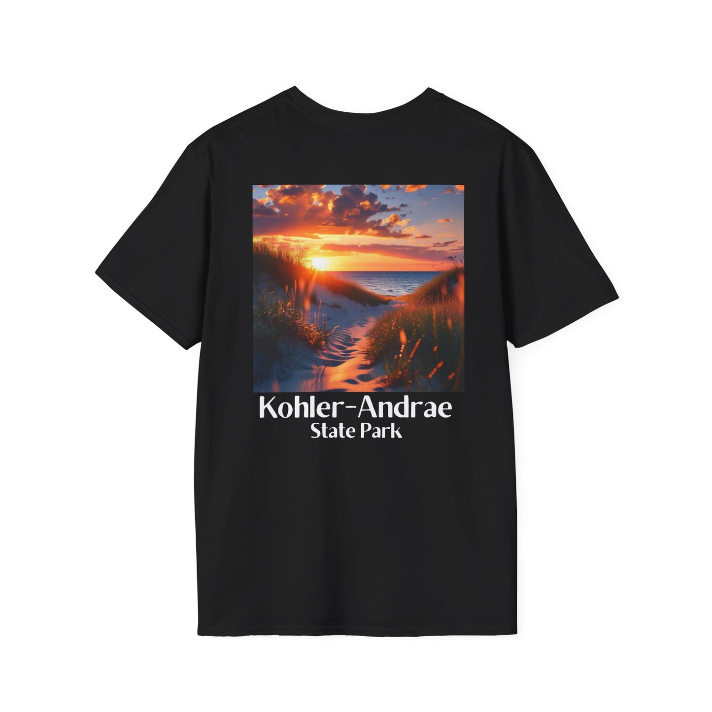 Black T-shirt featuring a back design of looking through the sand dunes at a colorful sunrise over Lake Michigan and the text: Kohler-Andrae State Park.