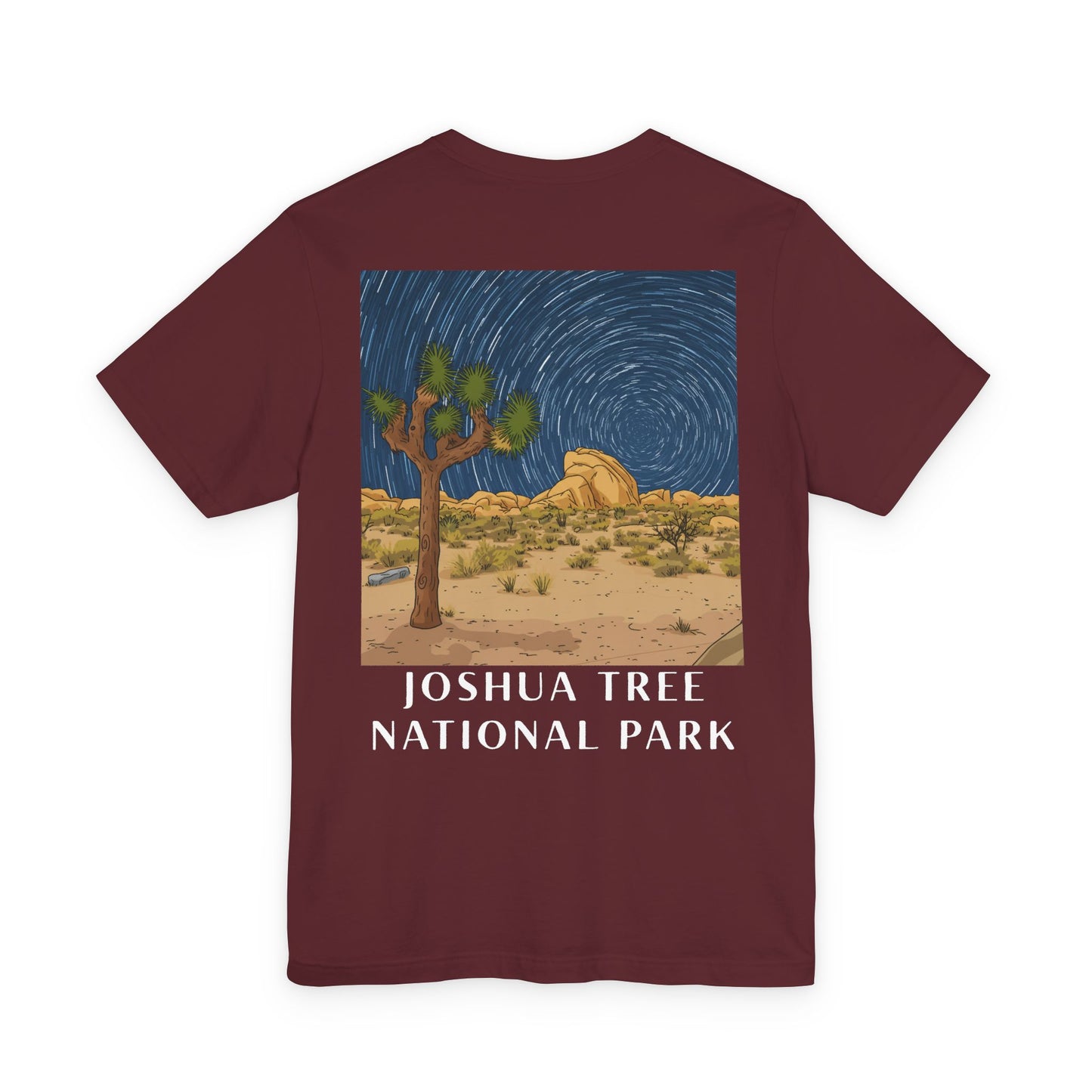 Maroon t-shirt with Joshua Tree National Park graphic on a white background