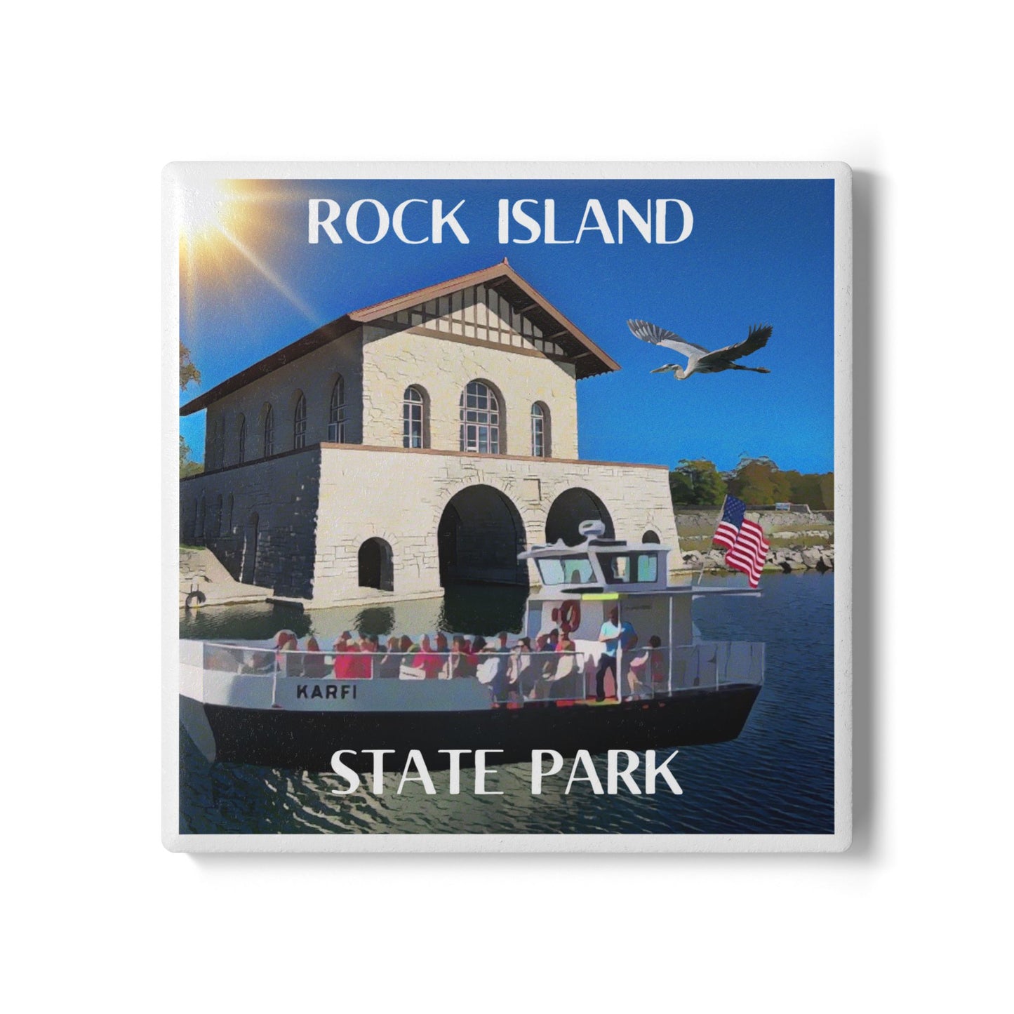 Ceramic Coaster depicting the historic boat house on Rock Island and the Island Ferry. Contains the text “Rock Island State Park.”