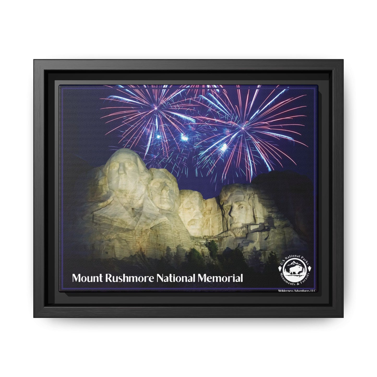 Black Framed canvas print featuring Mount Rushmore at night with a patriotic fireworks display in the background.