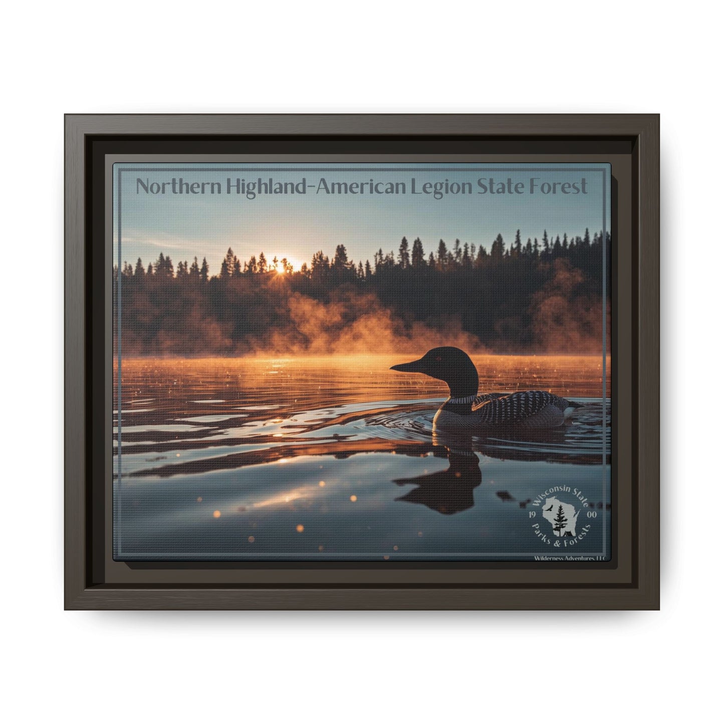 Espresso framed canvas art depicting a loon swimming on a lake in the early morning as mist rises from the water.