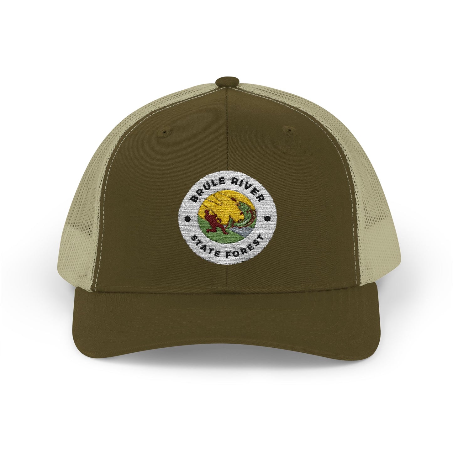Moss and Khaki Colored ball cap with embroidered logo of an angler catching a fish and the text Brule River State Forest.
