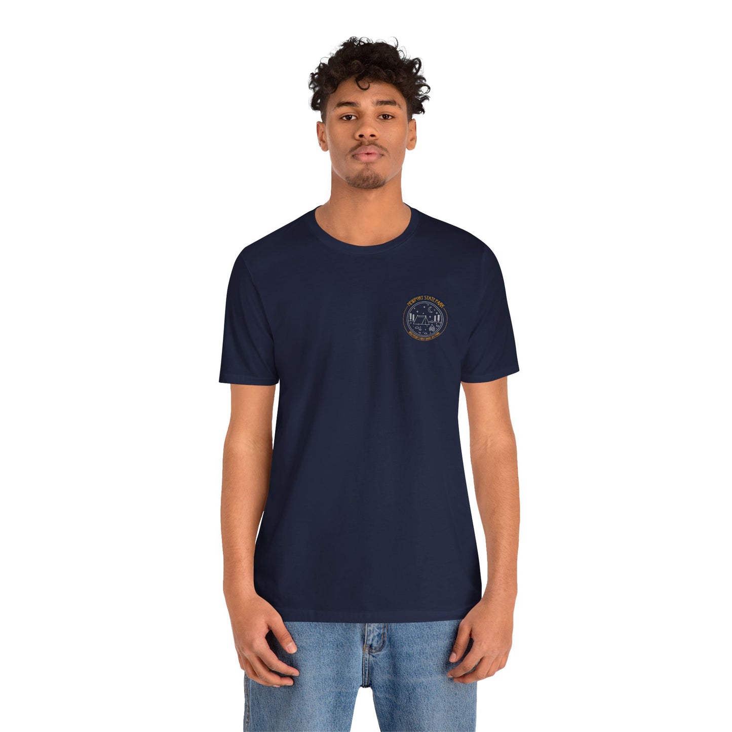 Male model wearing navy Newport shirt showing front design.