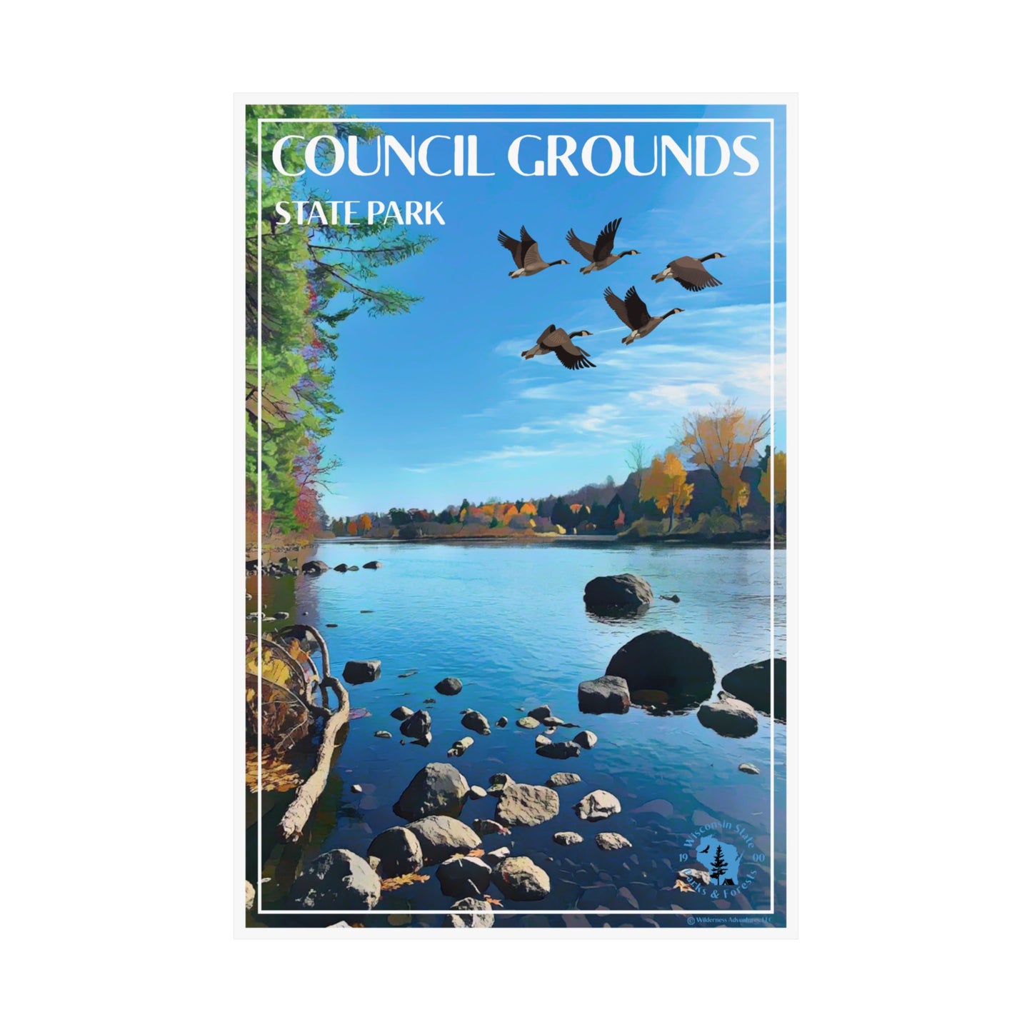 12x18” Poster depicting a flock of geese flying over a river lined with fall colored foliage.