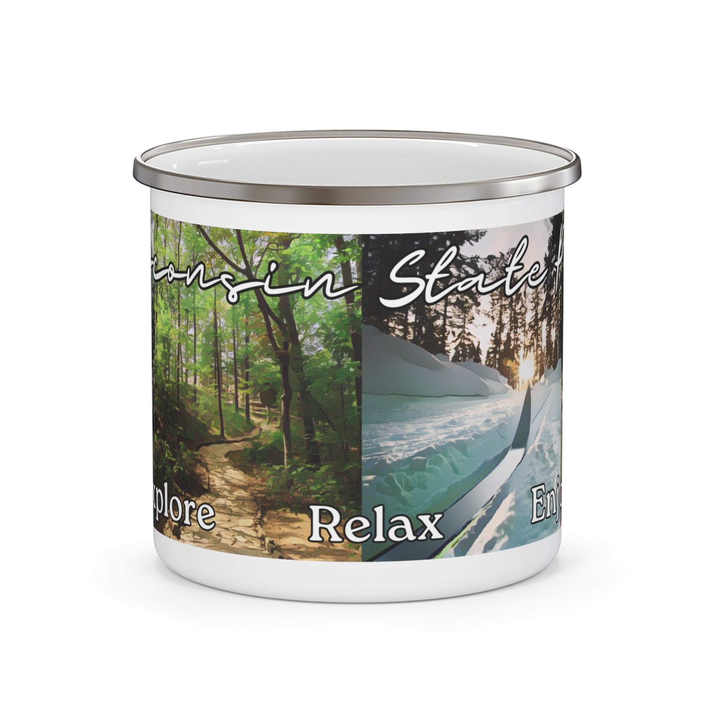 White enamel camper mug depicting camping, hiking, cross country skiing and waterfall scenes and the text “Wisconsin State Parks explore, relax, enjoy.”