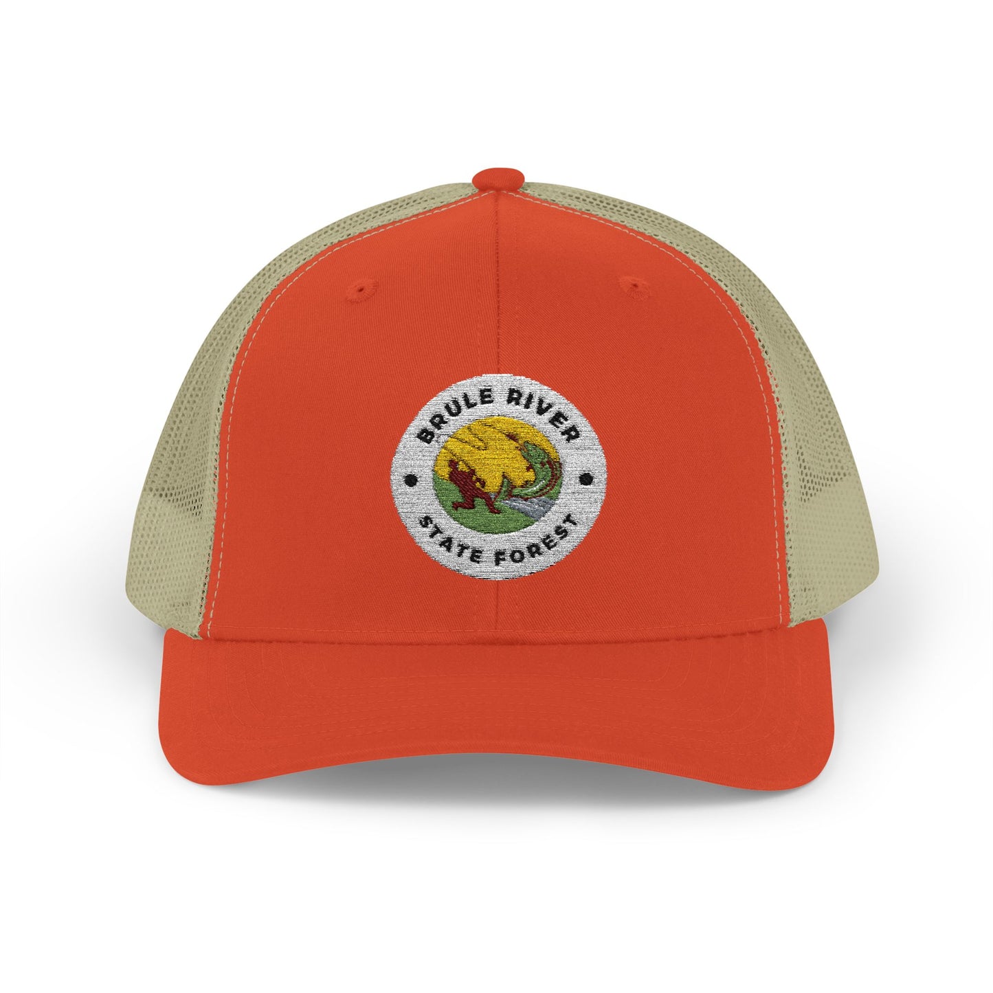 Rustic Orange and Khaki Colored ball cap with embroidered logo of an angler catching a fish and the text Brule River State Forest.
